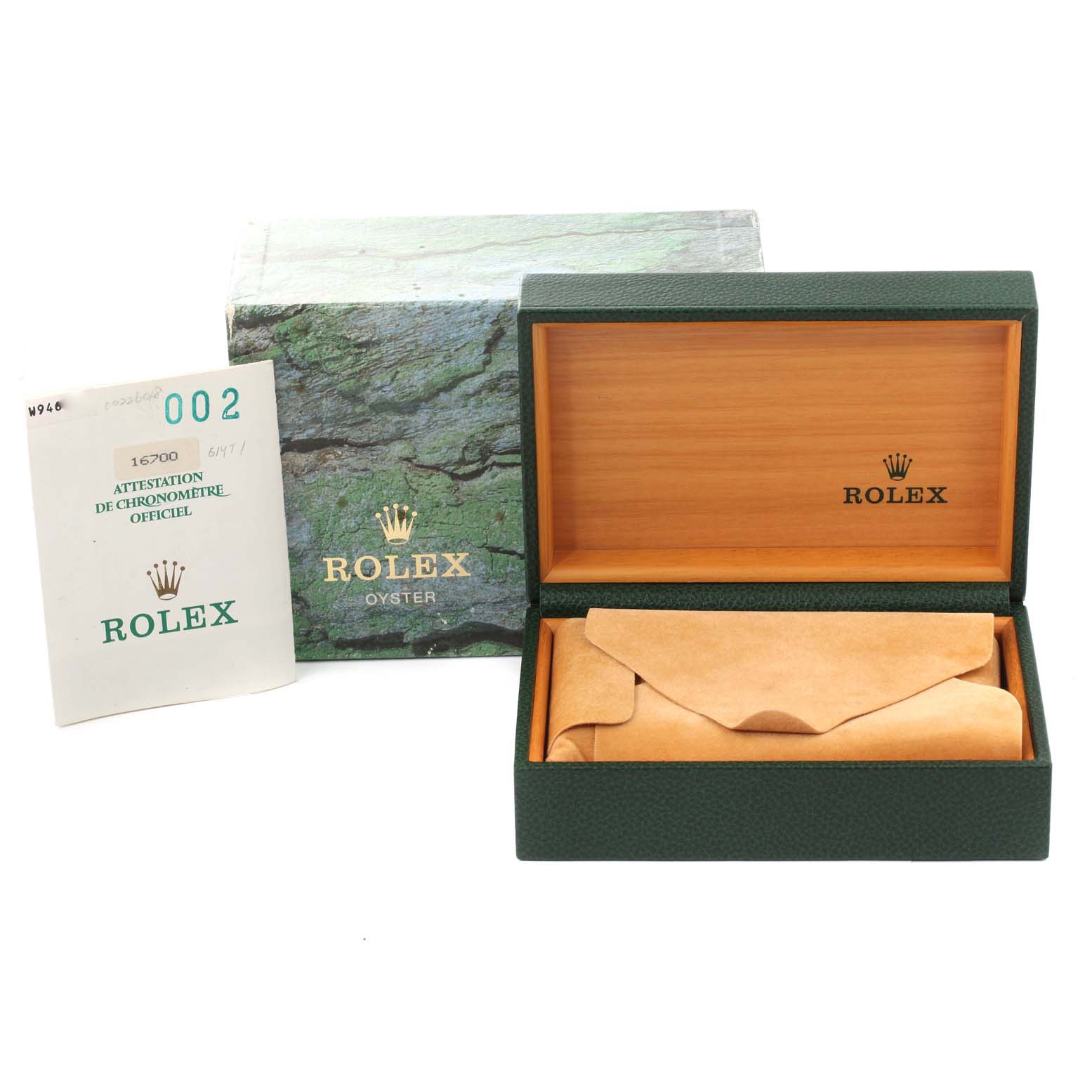 The image shows an open Rolex GMT-Master 16700 Men's Stainless Steel Black Dial 16700 Men's Stainless Steel Black Dial watch box, a certificate, and the watch's original packaging.