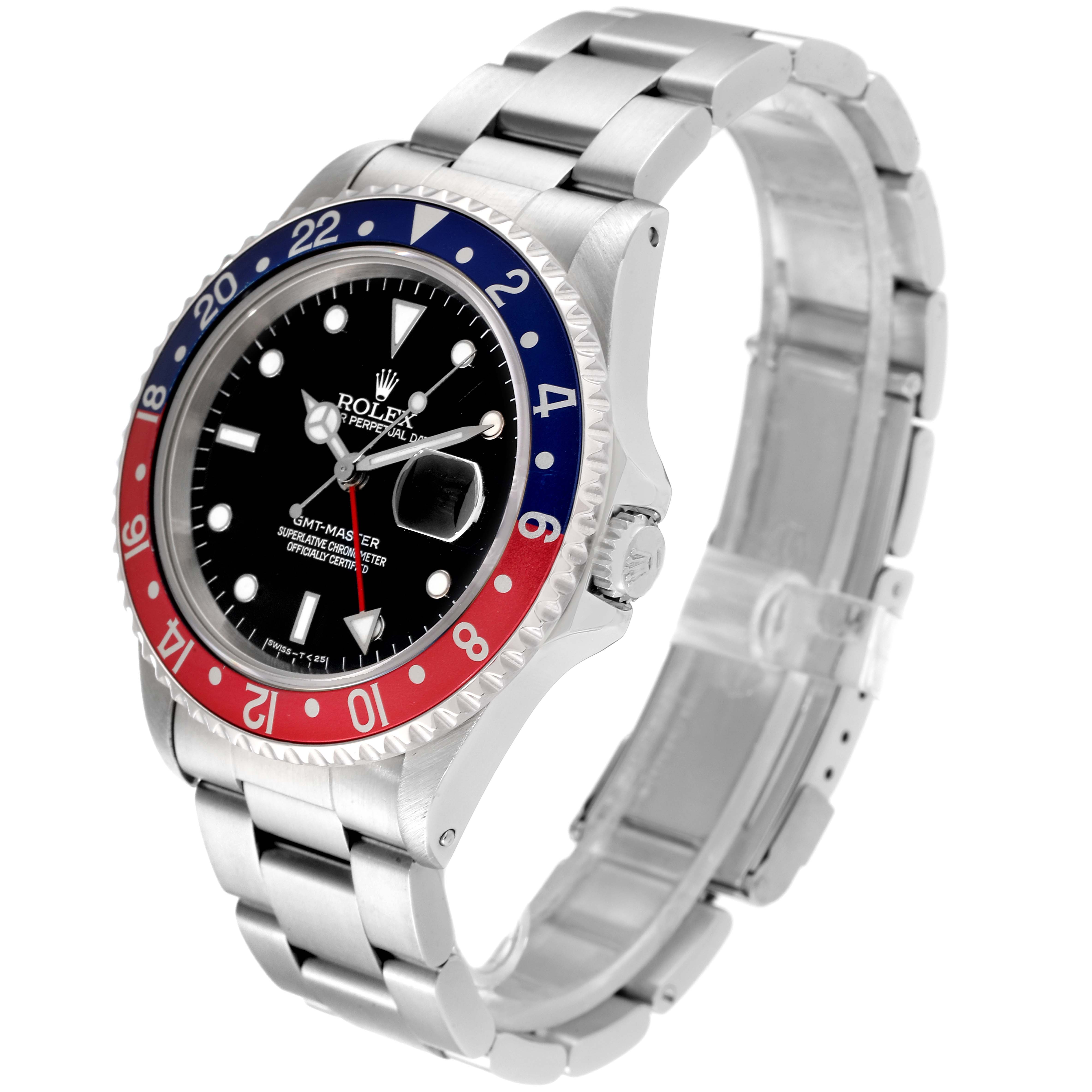 This image shows a side-angle view of the Rolex GMT-Master 16700 Men's Stainless Steel Black Dial 16700 Men's Stainless Steel Black Dial watch, highlighting its bezel, dial, bracelet, and cyclops lens.