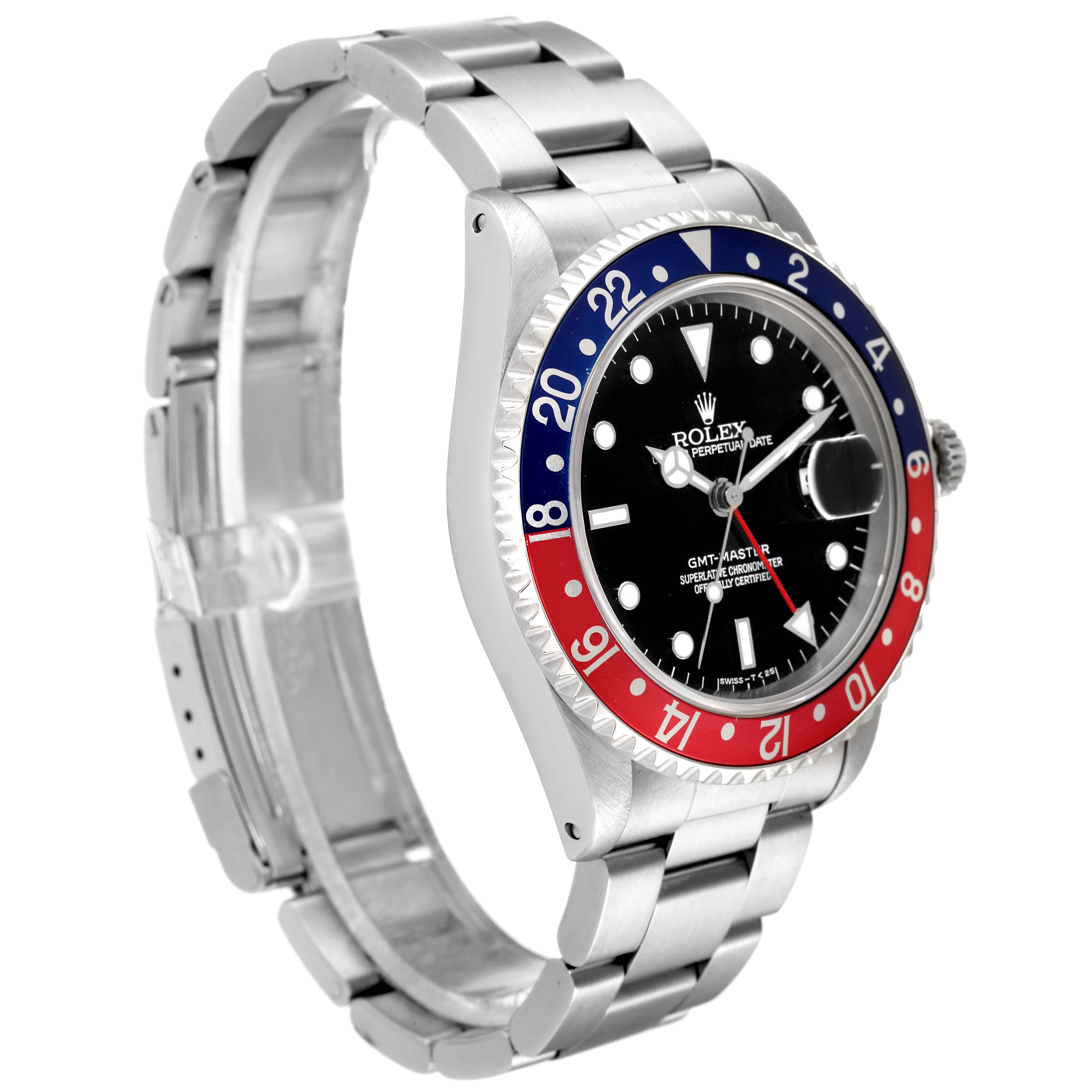 The image shows a Rolex GMT-Master 16700 Men's Stainless Steel Black Dial 16700 Men's Stainless Steel Black Dial watch from a front-left angle, highlighting the bezel, face, crown, and bracelet.