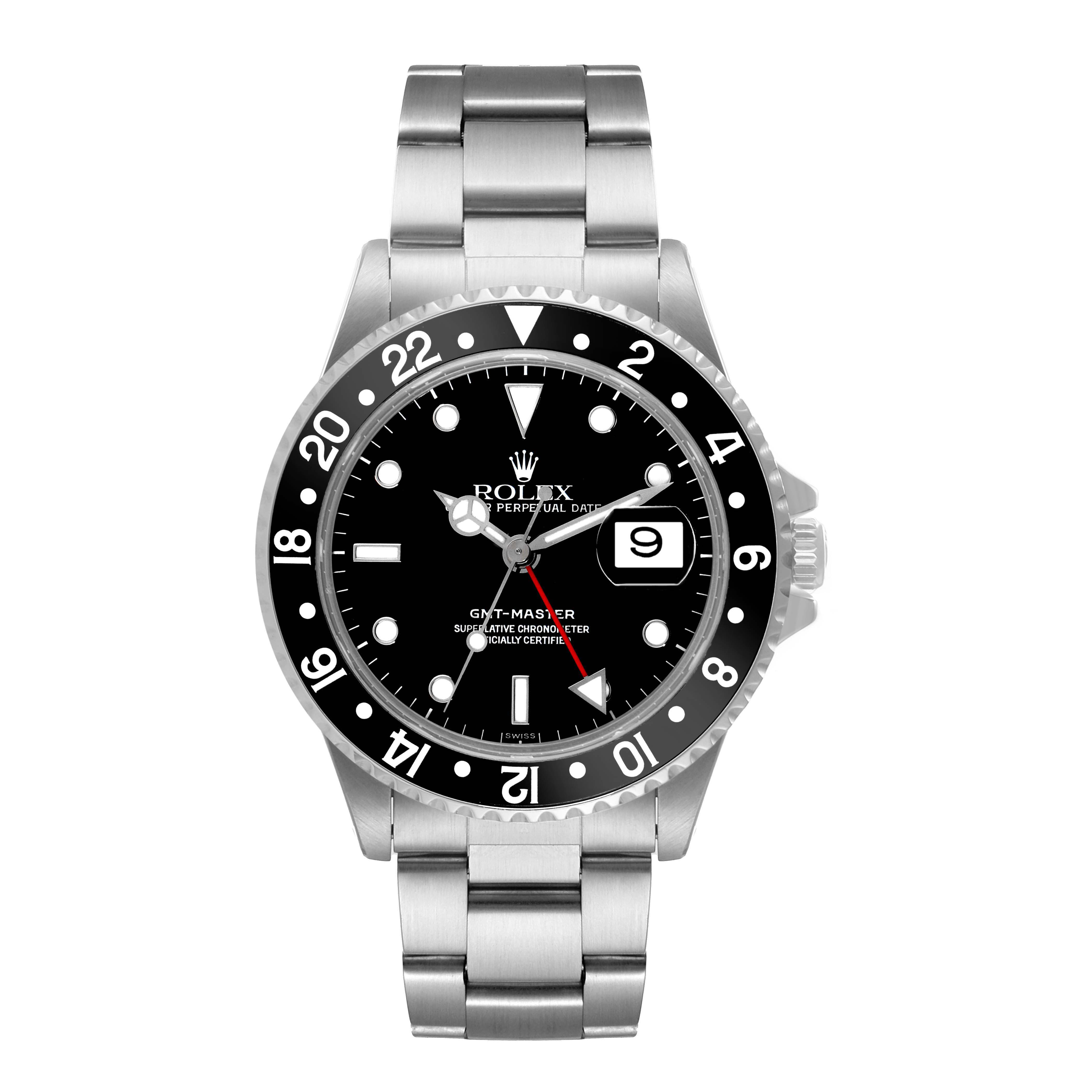 The image shows a front view of a Rolex GMT-Master 16700 Men
s Stainless Steel Black Dial 16700 Men
s Stainless Steel Black Dial watch, highlighting its dial, bezel, bracelet, and crown.