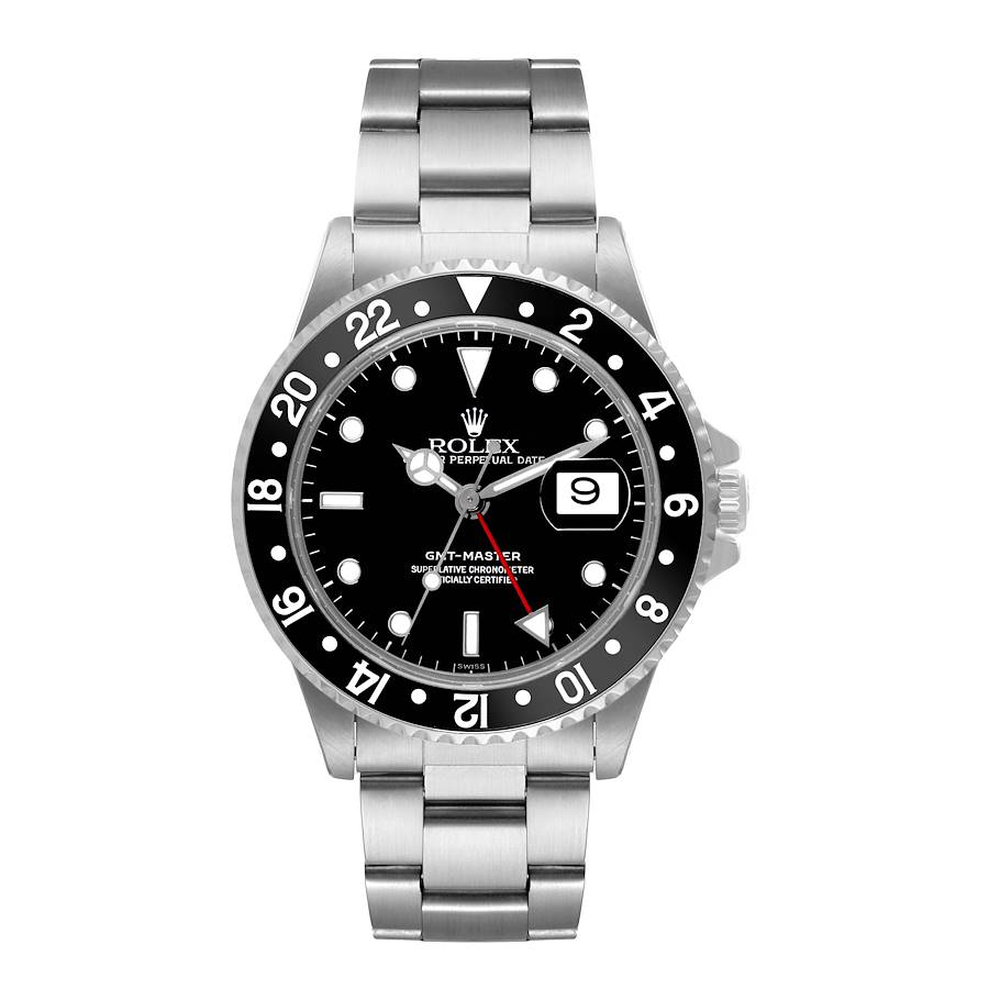 The image shows a front view of a Rolex GMT-Master watch, highlighting its dial, bezel, bracelet, and crown.