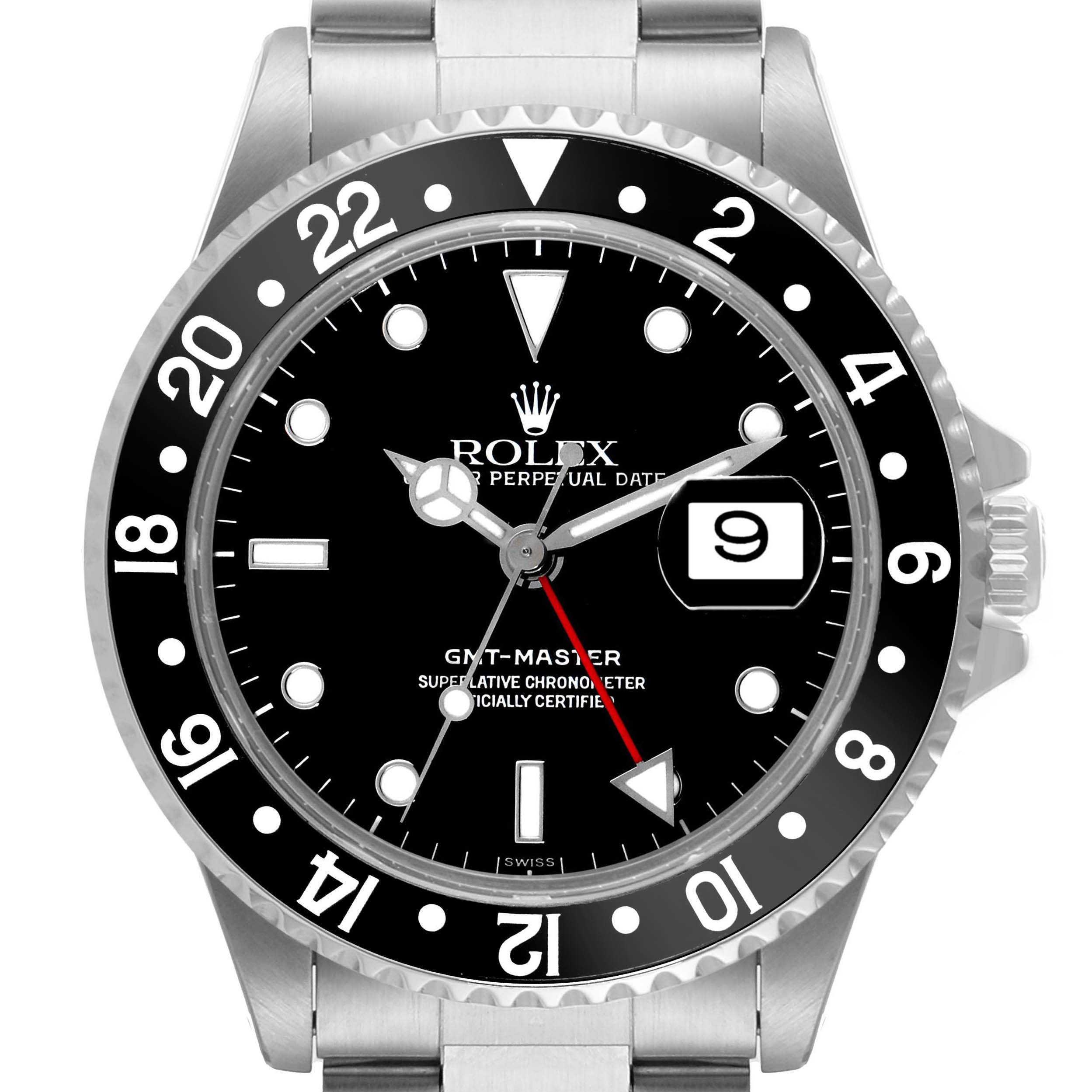 The image shows a front view of the Rolex GMT-Master 16700 Men
s Stainless Steel Black Dial 16700 Men
s Stainless Steel Black Dial watch, highlighting its bezel, hands, and date window.