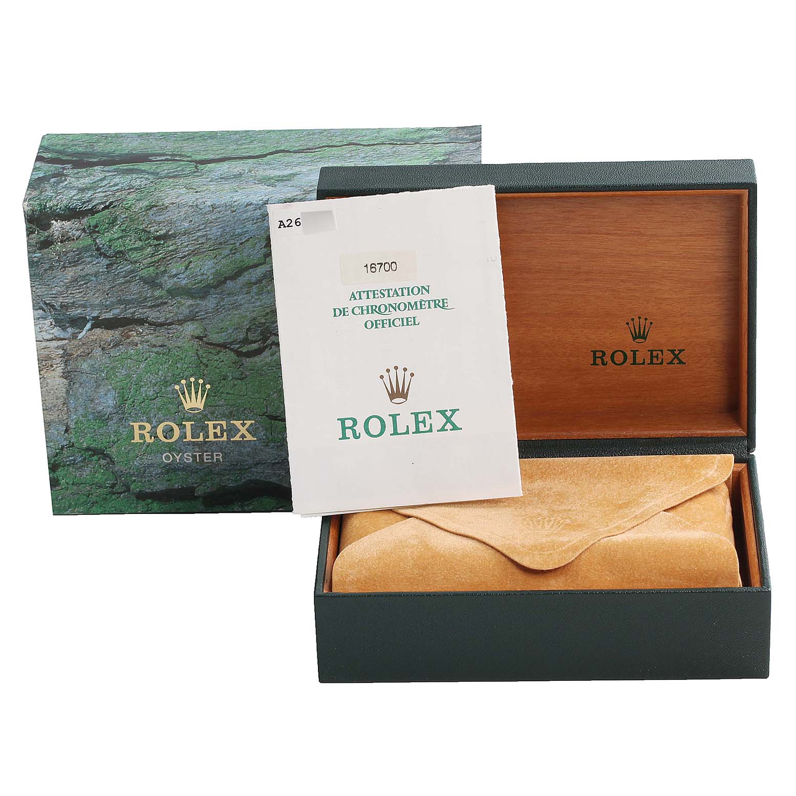 The image shows the box, cushion, papers, and packaging for a Rolex GMT-Master 16700 Men
s Stainless Steel Black Dial 16700 Men
s Stainless Steel Black Dial watch.