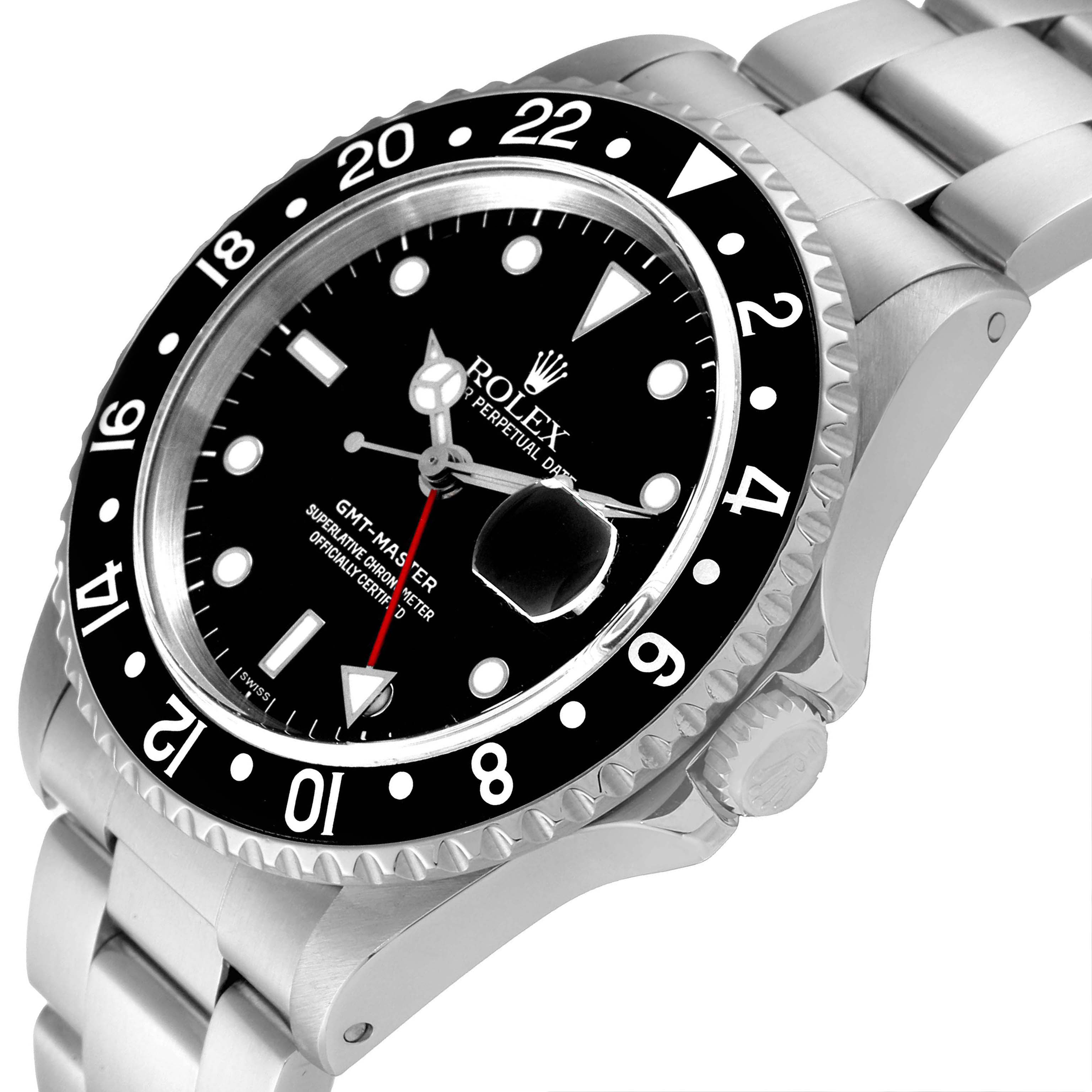 The Rolex GMT-Master 16700 Men
s Stainless Steel Black Dial 16700 Men
s Stainless Steel Black Dial watch is shown at an angle highlighting the black bezel, dial, case, crown, and part of the metal bracelet.