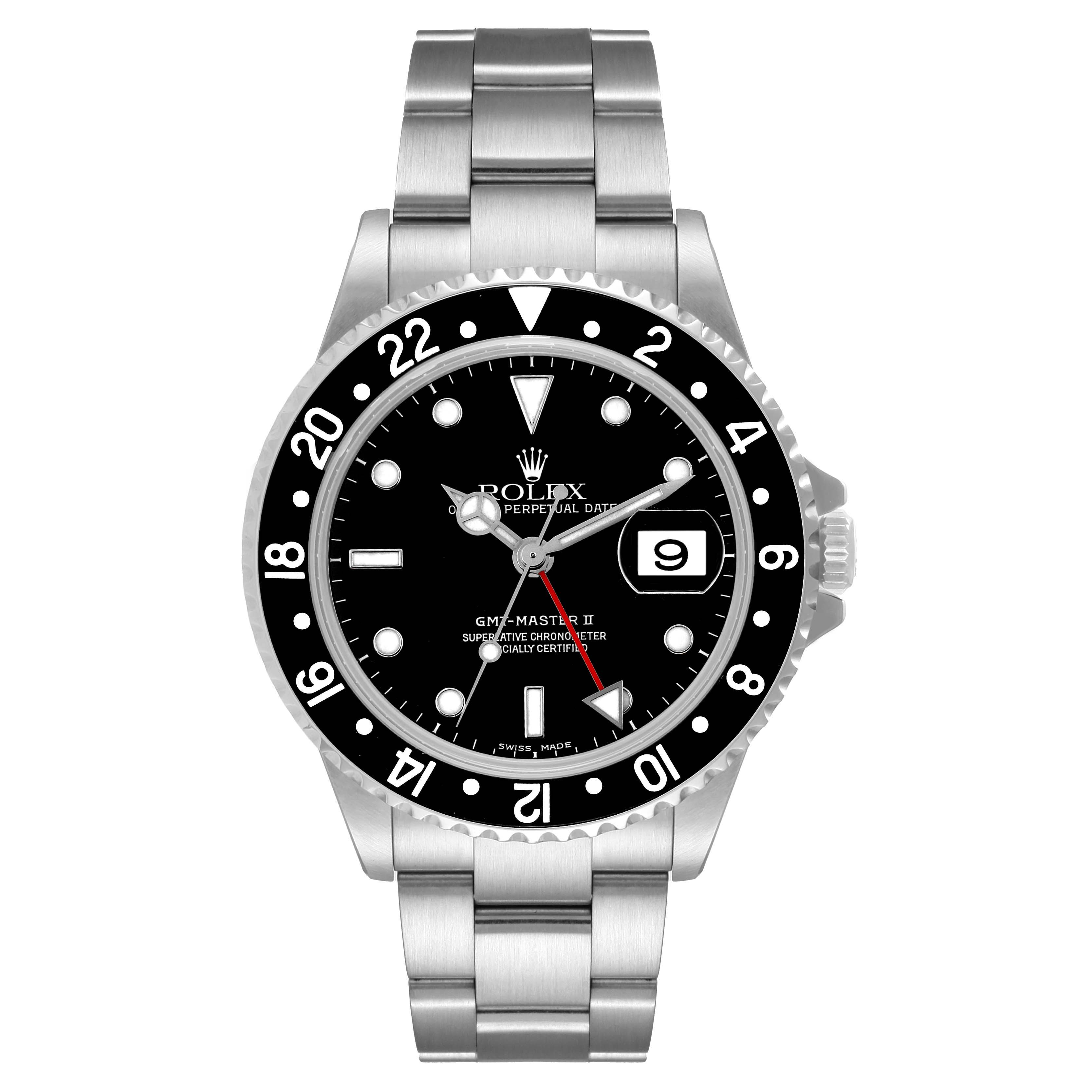 The image shows a front view of a Rolex GMT-Master 16710 Men
s Stainless Steel Black Dial 16710 Men
s Stainless Steel Black Dial II watch, displaying its dial, bezel, and bracelet.