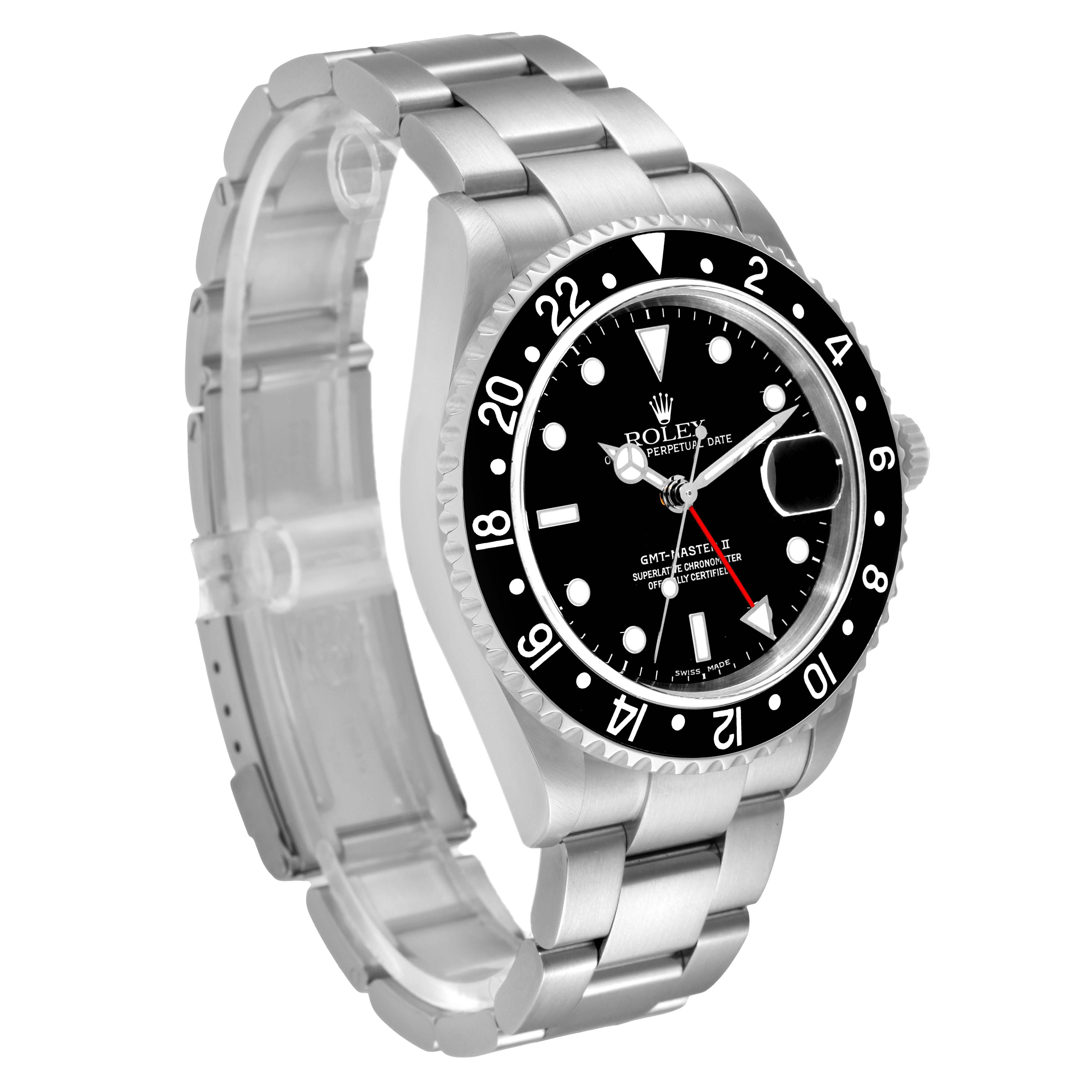 This image shows a Rolex GMT-Master 16710 Men
s Stainless Steel Black Dial 16710 Men
s Stainless Steel Black Dial watch angled to display the face, bezel, and bracelet.