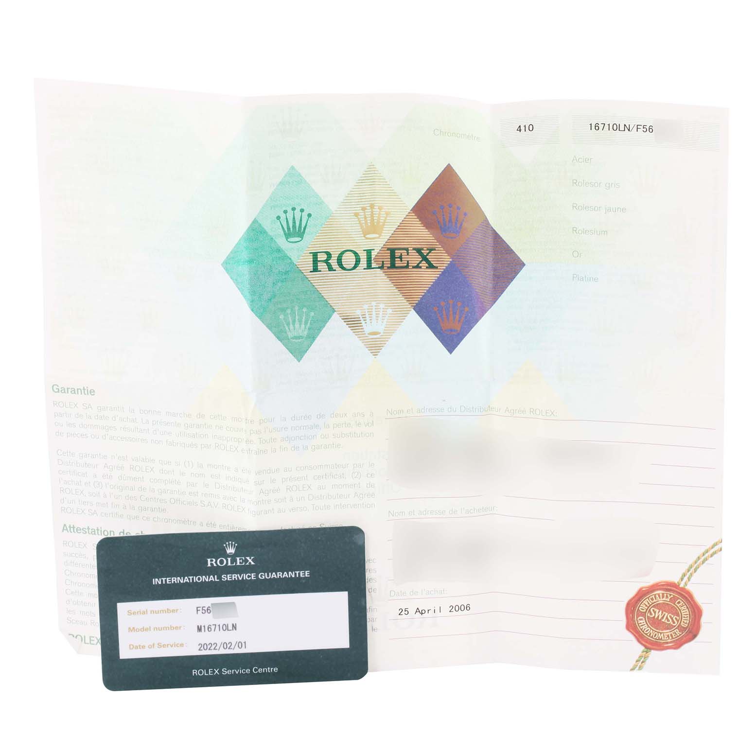 This image shows the warranty papers and service guarantee card for a Rolex GMT-Master 16710 Men
s Stainless Steel Black Dial 16710 Men
s Stainless Steel Black Dial model.