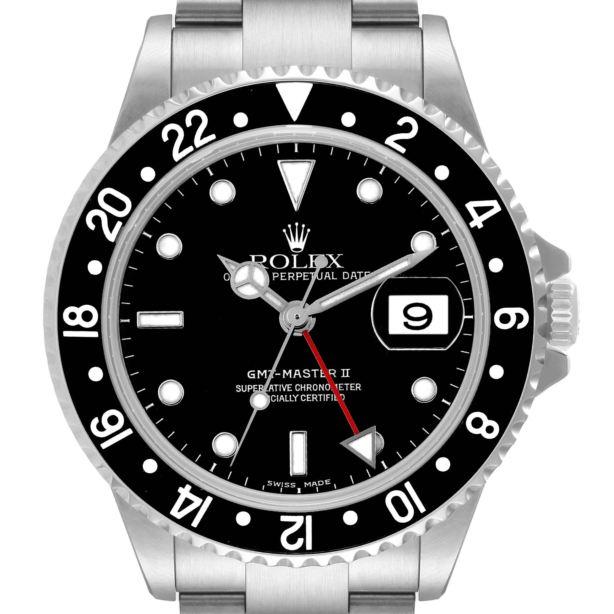 This image shows a front view of the Rolex GMT-Master 16710 Men
s Stainless Steel Black Dial 16710 Men
s Stainless Steel Black Dial II watch, highlighting its face, bezel, and part of the bracelet.