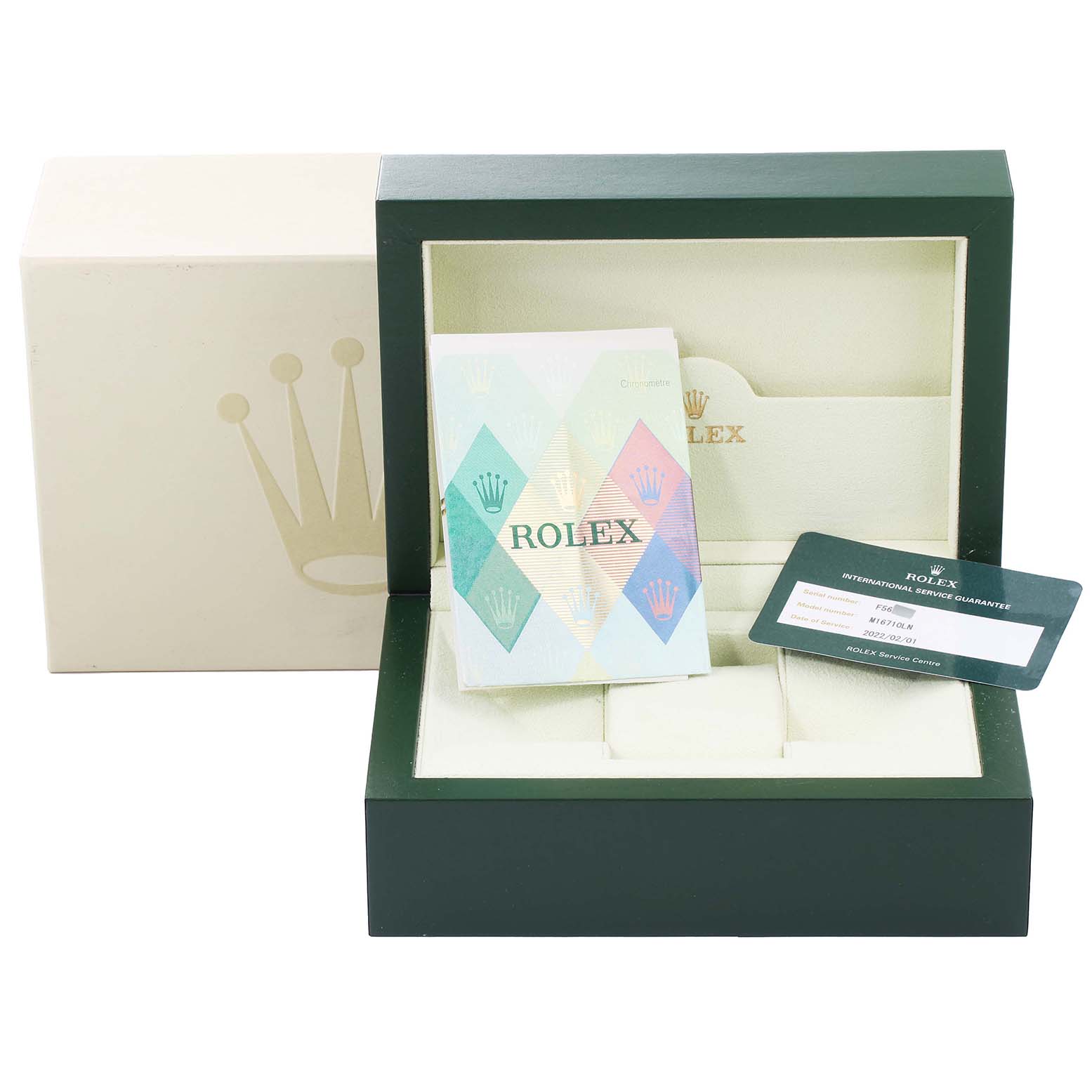 The image shows a Rolex GMT-Master 16710 Men
s Stainless Steel Black Dial 16710 Men
s Stainless Steel Black Dial watch box with papers and an international guarantee card.