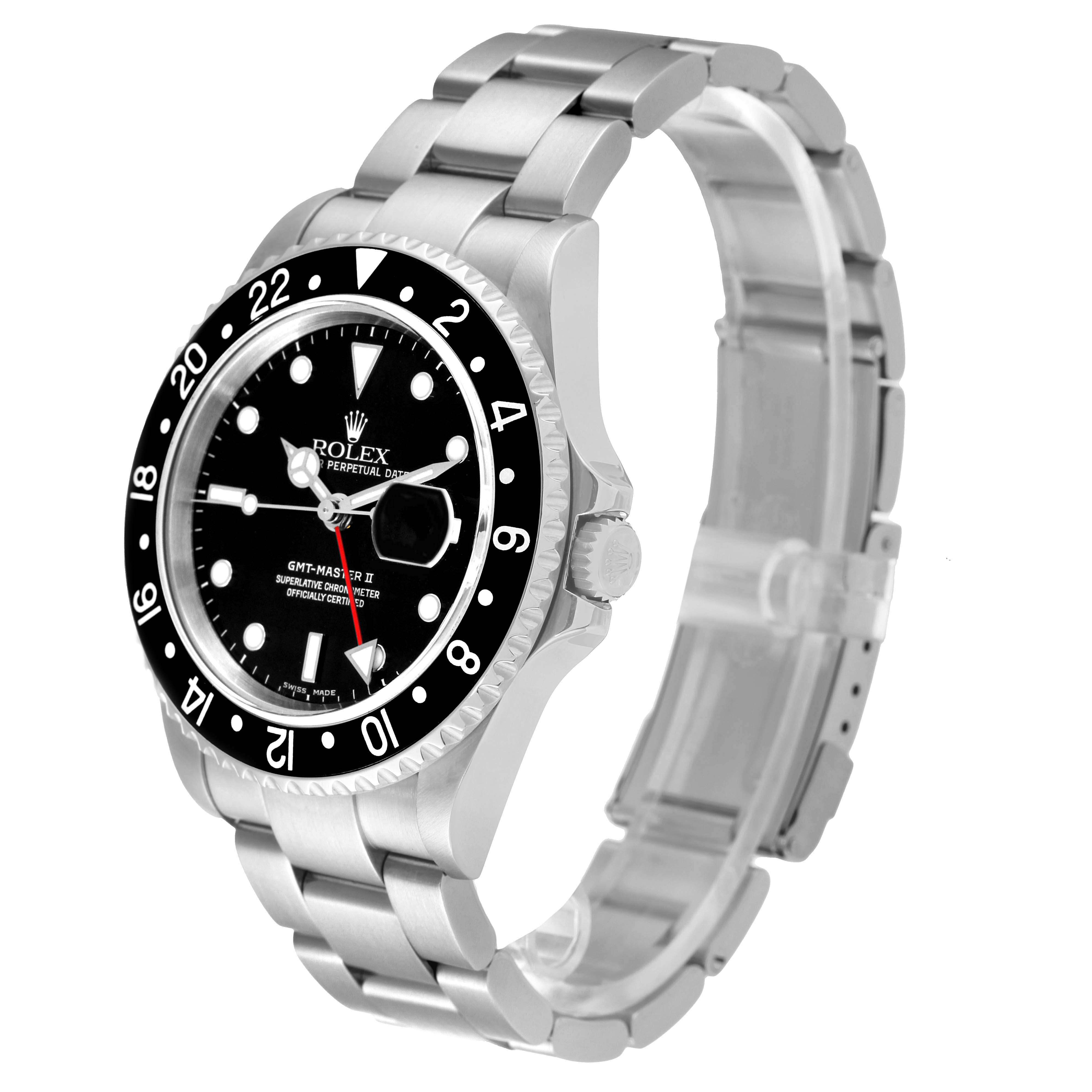 The image shows a side angle view of the Rolex GMT-Master 16710 Men
s Stainless Steel Black Dial 16710 Men
s Stainless Steel Black Dial II watch, displaying its face, bezel, crown, and metal bracelet.