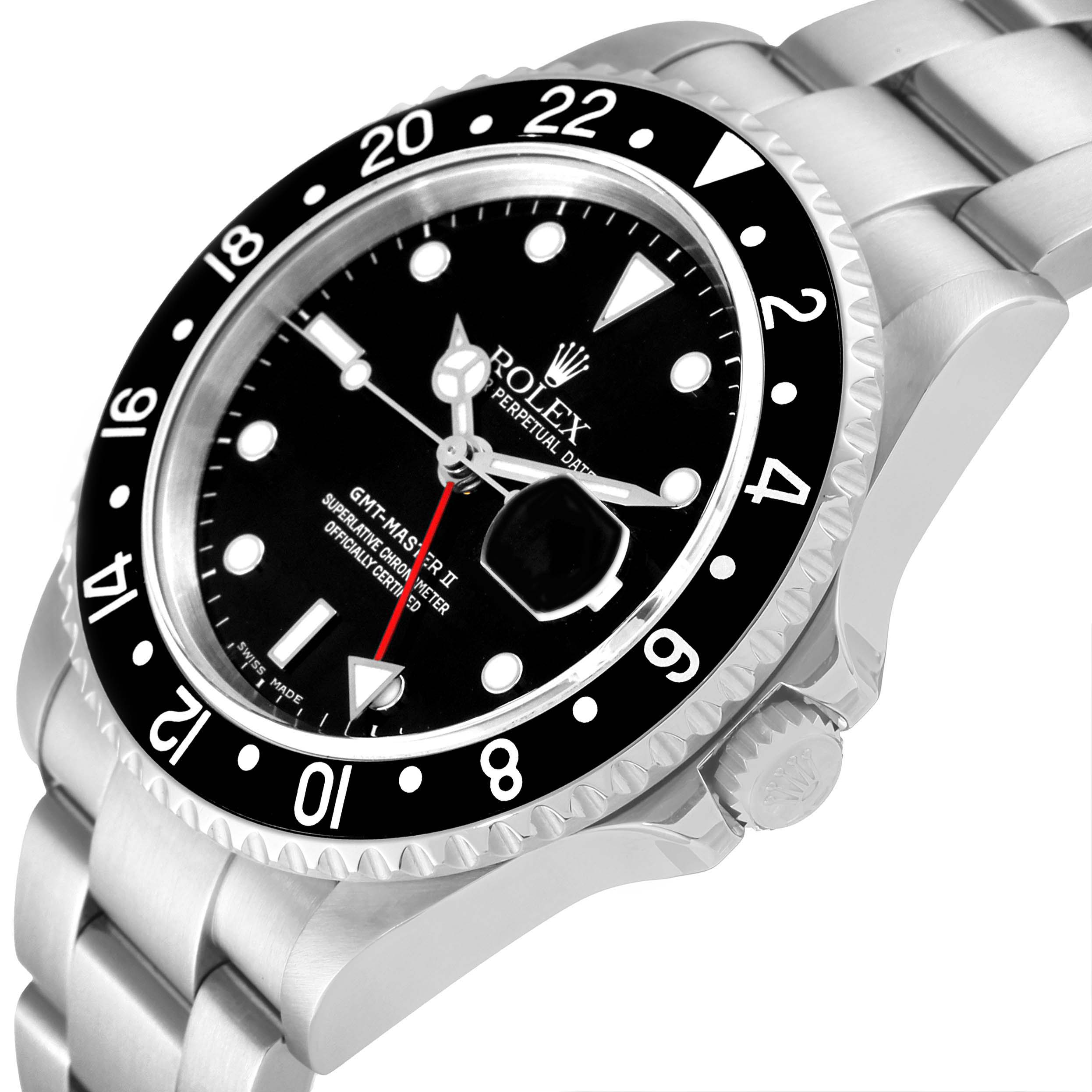 This image shows a Rolex GMT-Master 16710 Men
s Stainless Steel Black Dial 16710 Men
s Stainless Steel Black Dial watch from an angled view, highlighting its bezel, dial, crown, and part of its bracelet.