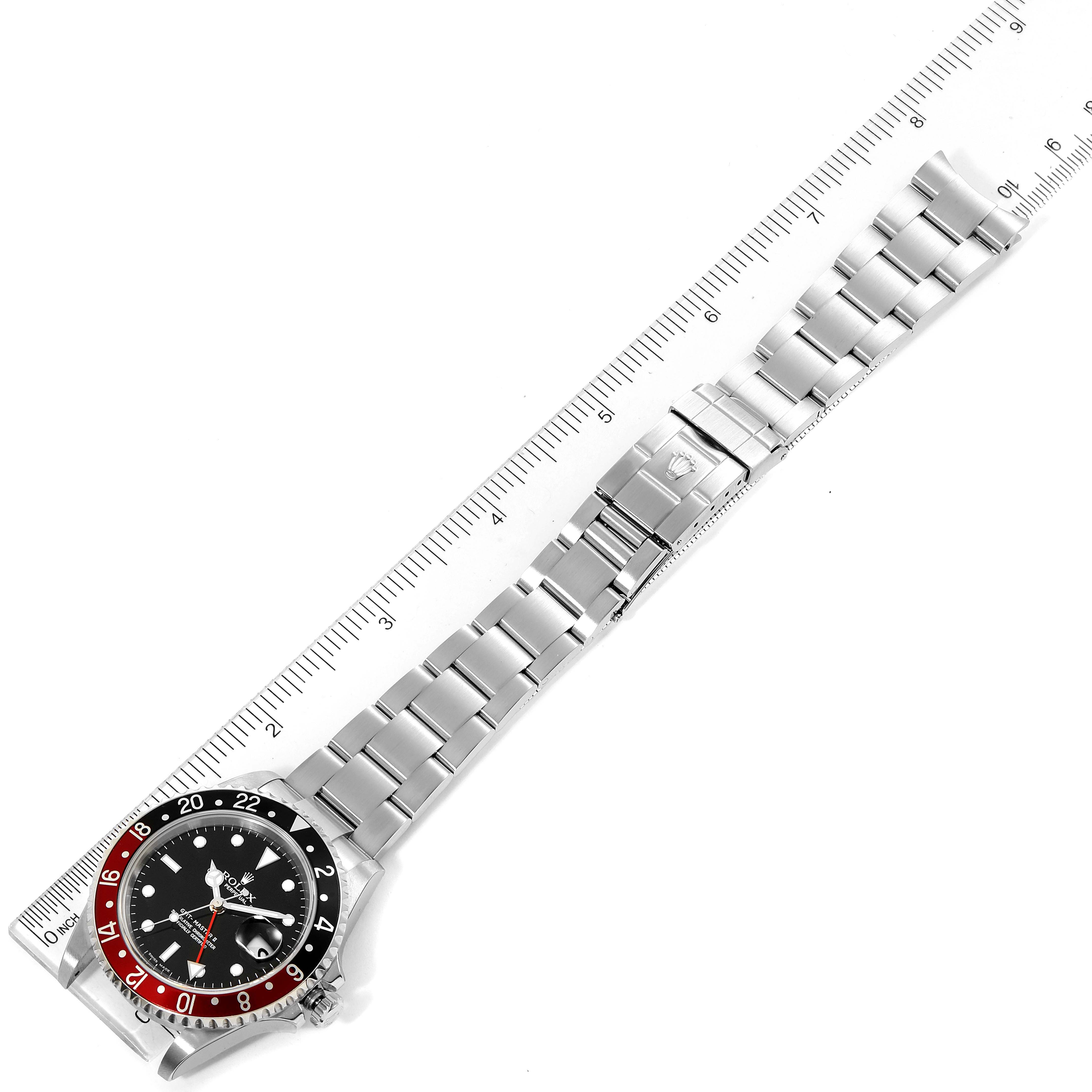 This image shows the Rolex GMT-Master 16710 Men's Stainless Steel Black Dial 16710 Men's Stainless Steel Black Dial watch laid flat with the entire bracelet and dial visible.