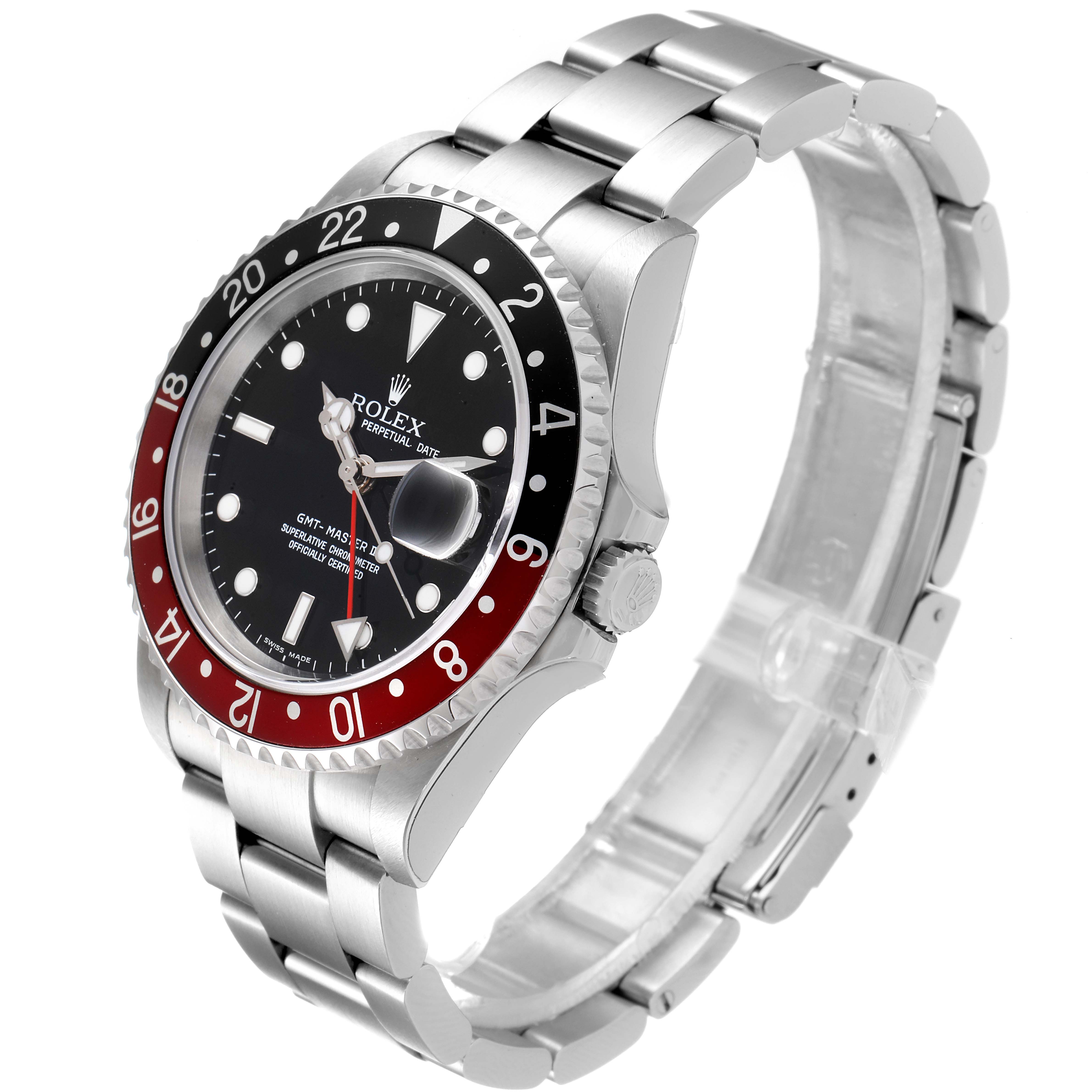 This Rolex GMT-Master 16710 Men's Stainless Steel Black Dial 16710 Men's Stainless Steel Black Dial watch is shown at a three-quarter angle, displaying the bezel, dial, crown, and bracelet.