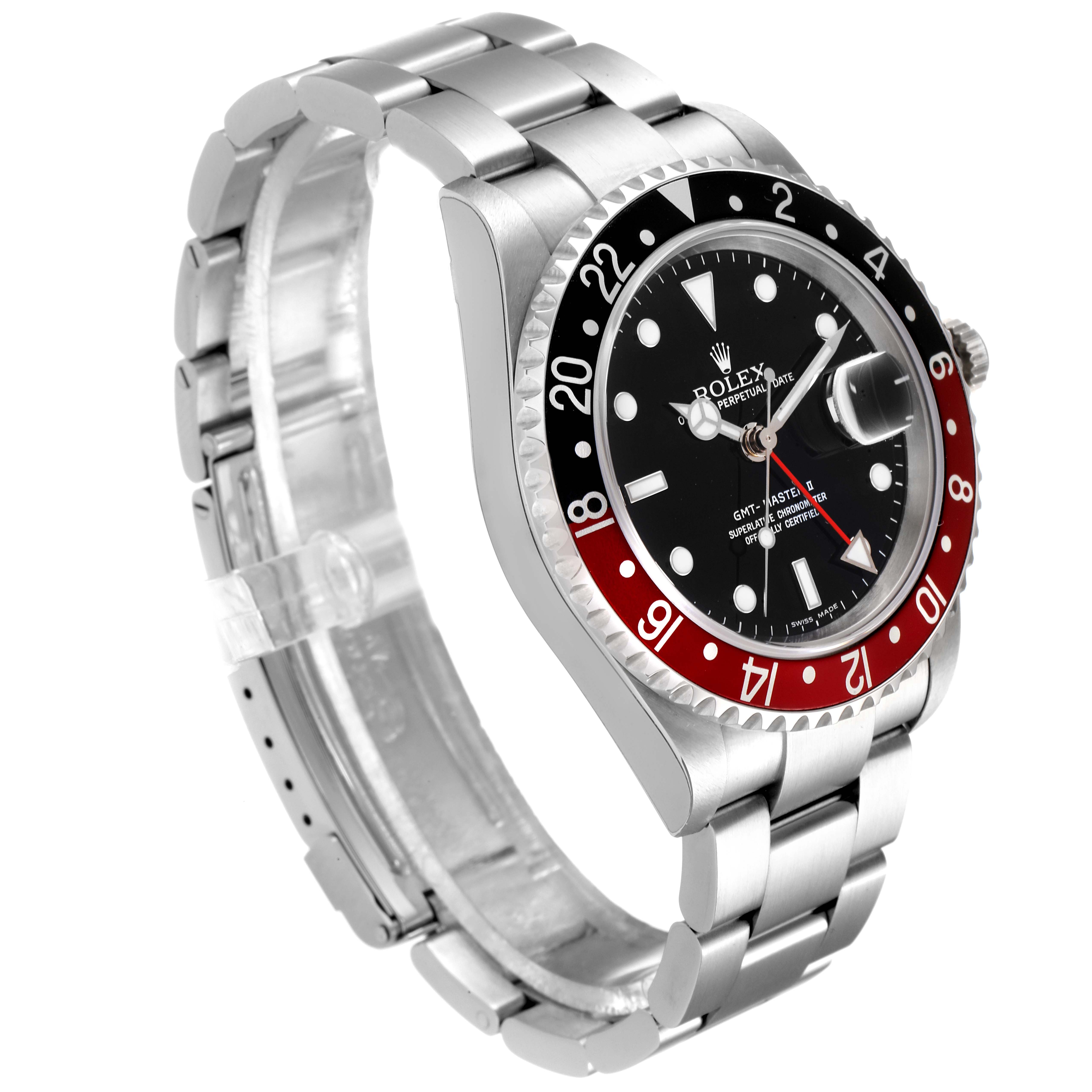 The image shows a three-quarter angle view of a Rolex GMT-Master 16710 Men's Stainless Steel Black Dial 16710 Men's Stainless Steel Black Dial watch, highlighting its bezel, dial, bracelet, and crown.