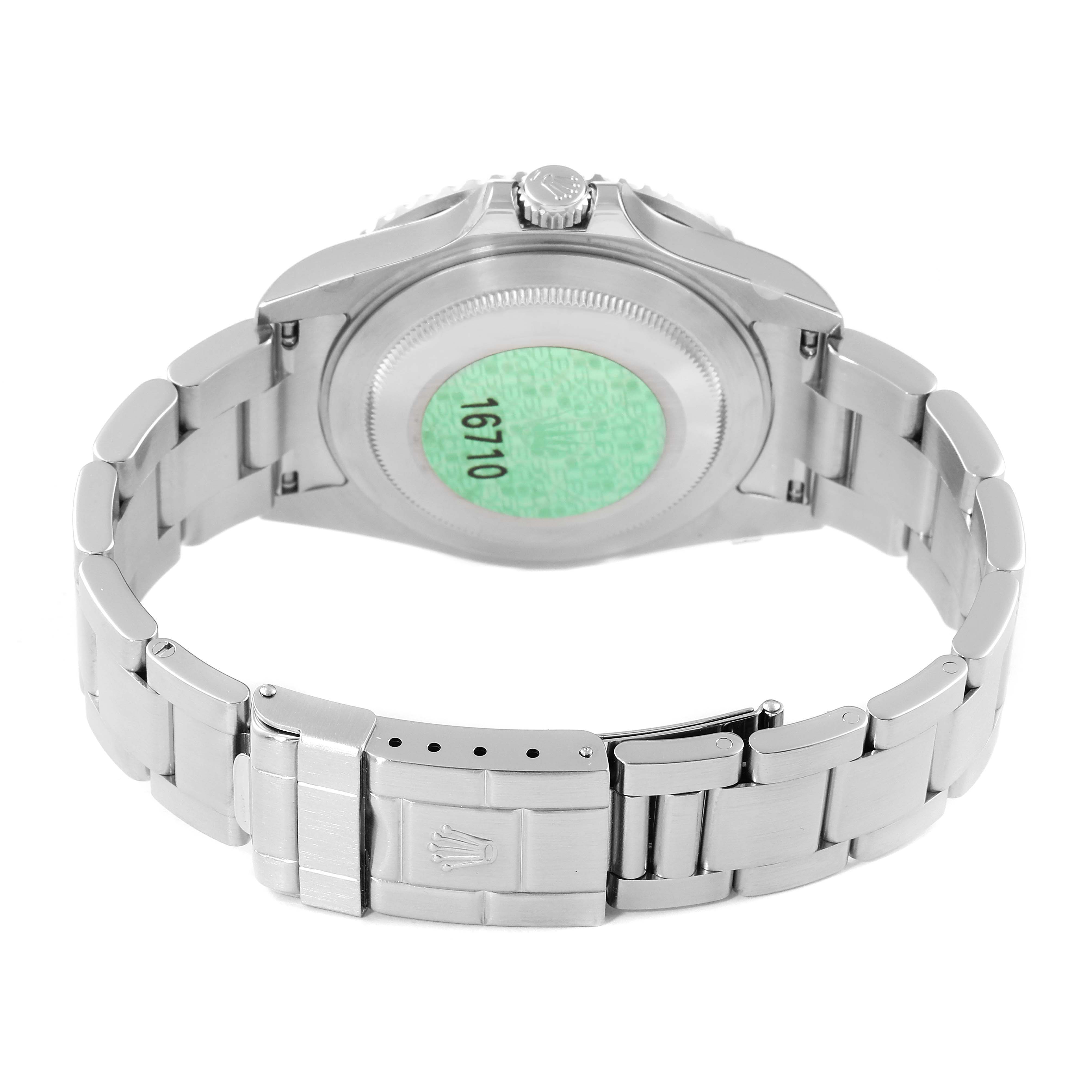 This image shows the back case and bracelet of a Rolex GMT-Master 16710 Men's Stainless Steel Black Dial 16710 Men's Stainless Steel Black Dial watch from a rear angle.