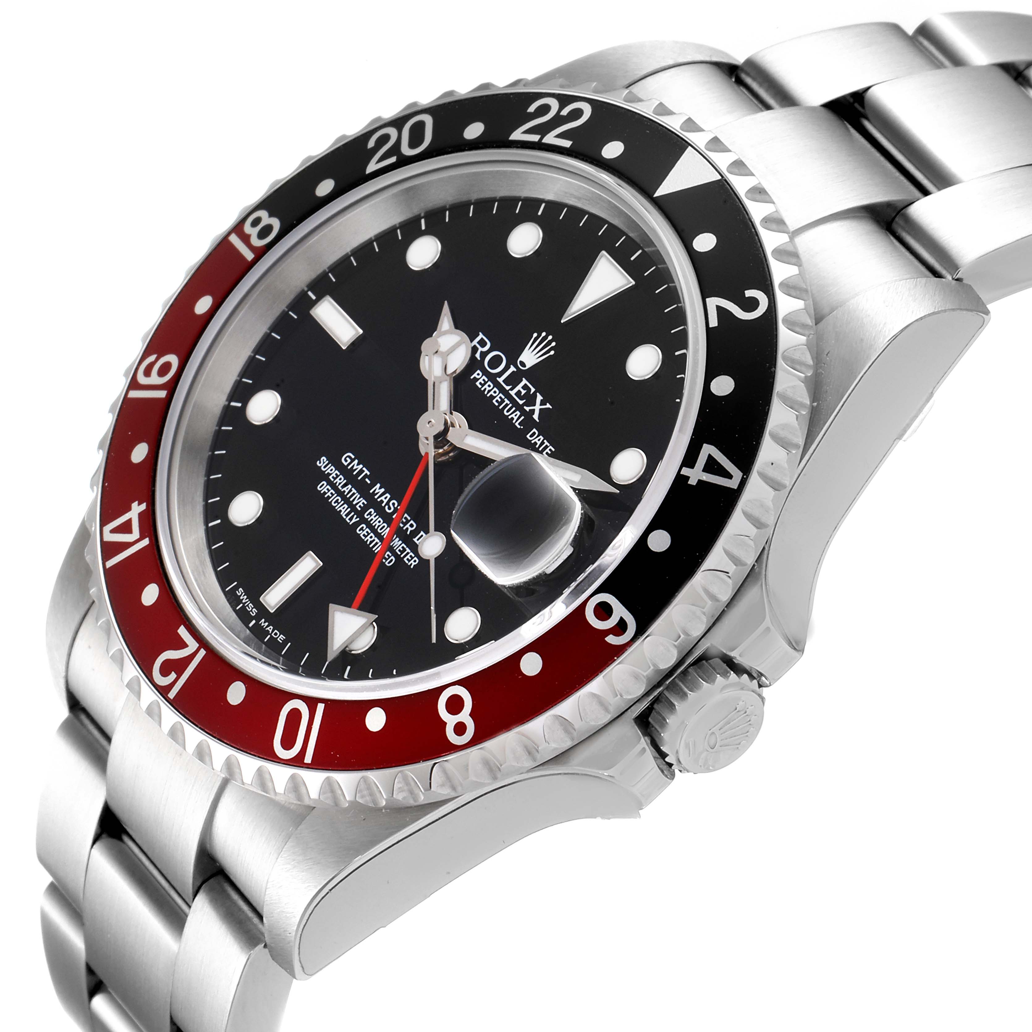 The image shows a close-up angle of the face, bezel, and part of the bracelet of a Rolex GMT-Master 16710 Men's Stainless Steel Black Dial 16710 Men's Stainless Steel Black Dial watch.