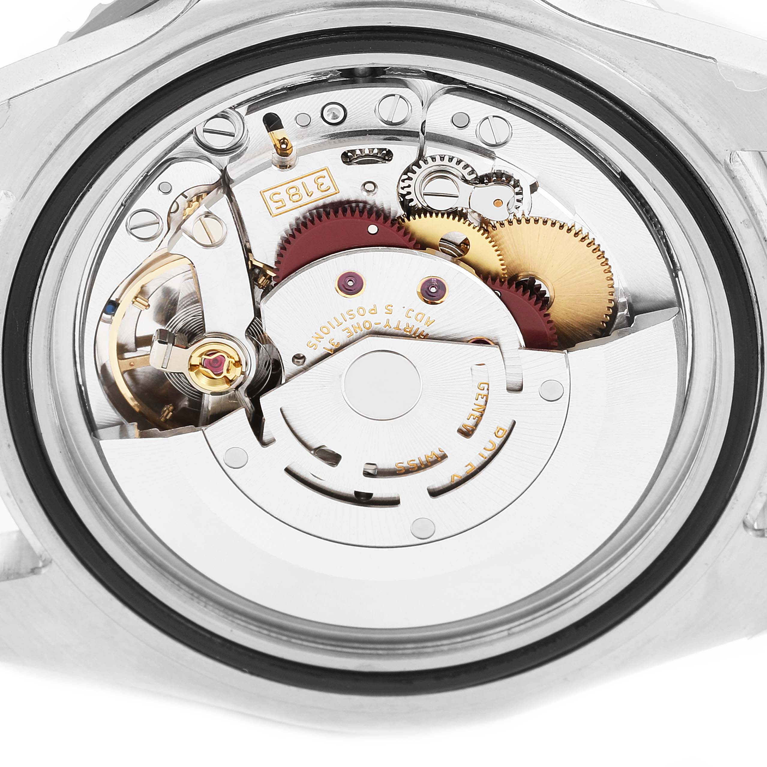 This image shows the inner mechanical movement of a Rolex GMT-Master 16710 Men's Stainless Steel Black Dial 16710 Men's Stainless Steel Black Dial watch from a back angle with the caseback removed.