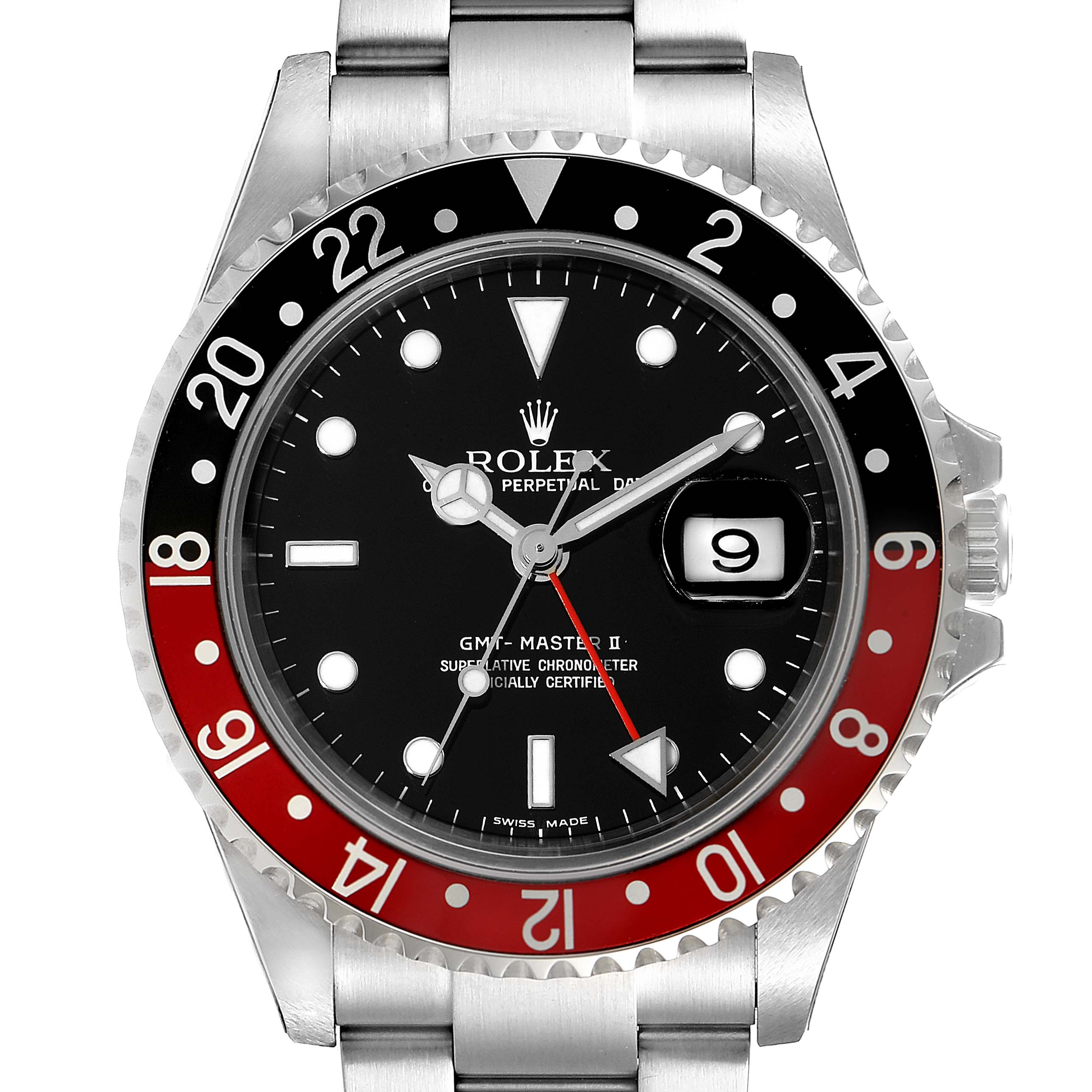 The image shows a front view of a Rolex GMT-Master 16710 Men's Stainless Steel Black Dial 16710 Men's Stainless Steel Black Dial II watch, highlighting its bezel, black dial, and stainless steel bracelet.