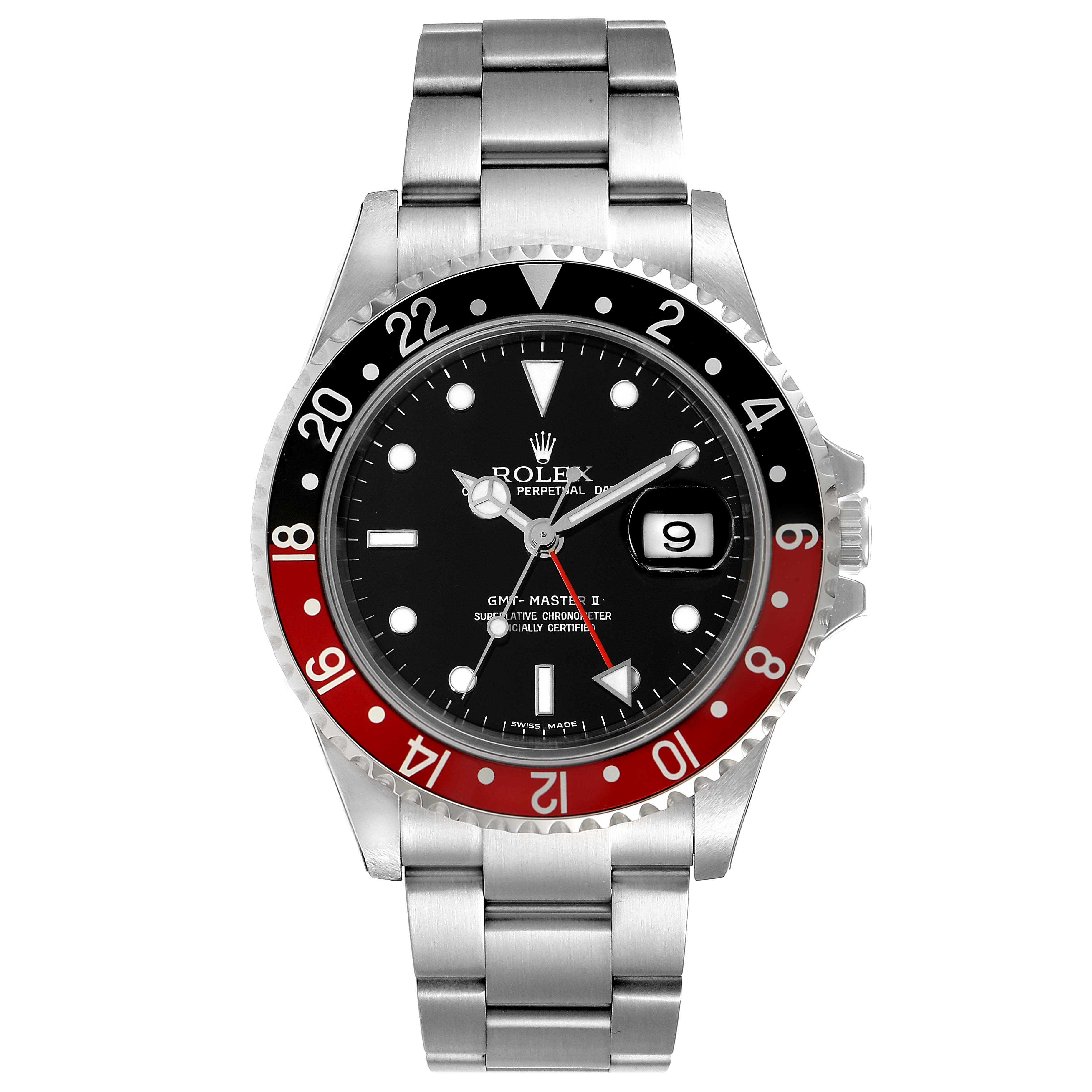 The image shows a front view of a Rolex GMT-Master 16710 Men's Stainless Steel Black Dial 16710 Men's Stainless Steel Black Dial II watch, highlighting its bezel, dial, crown, and bracelet.
