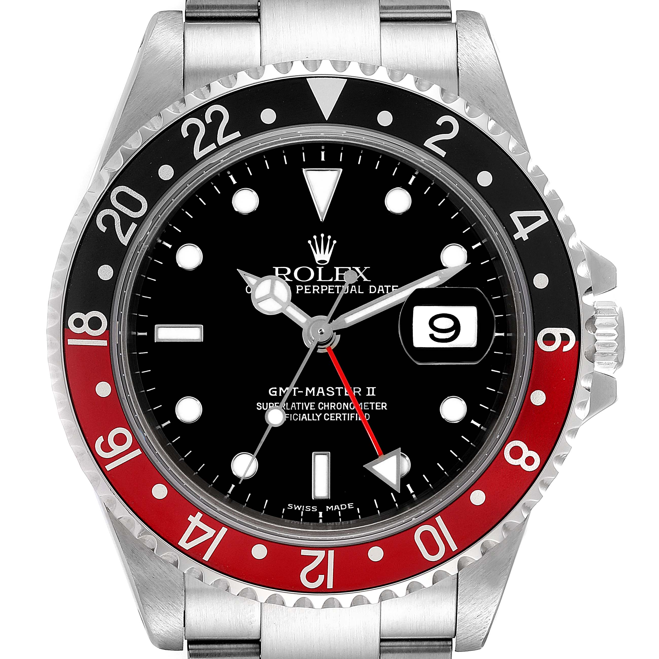 This image shows a front view of the GMT-Master II watch by Rolex, displaying the dial, bezel, case, and bracelet.