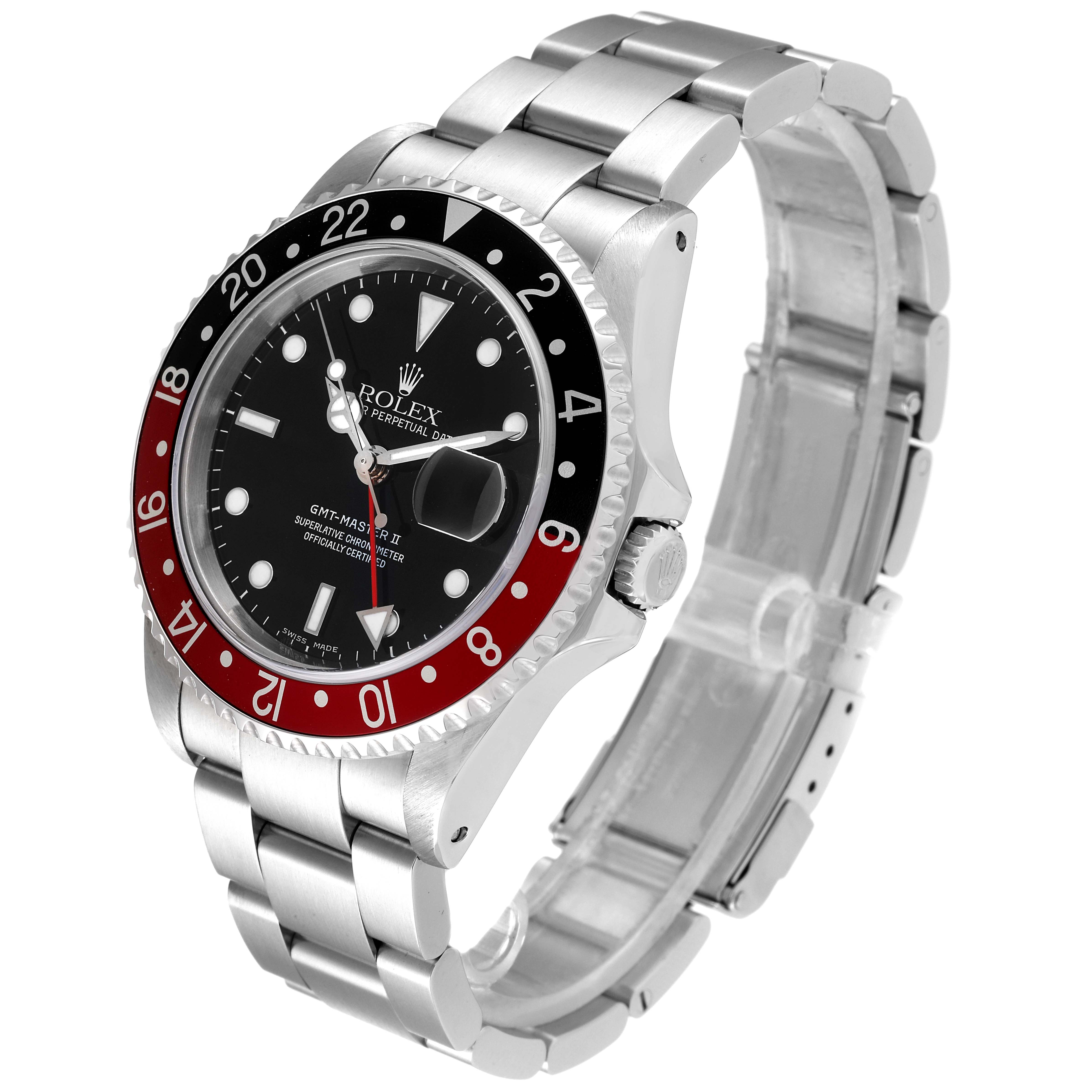 This image shows a Rolex GMT-Master 16710 Men
s Stainless Steel Black Dial 16710 Men
s Stainless Steel Black Dial watch at an angled side view showcasing its bezel, dial, and stainless steel bracelet.