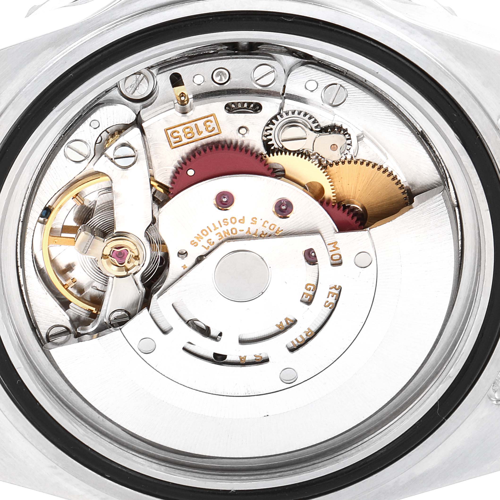 The image shows a close-up of the internal movement mechanism of a Rolex GMT-Master 16710 Men
s Stainless Steel Black Dial 16710 Men
s Stainless Steel Black Dial model.