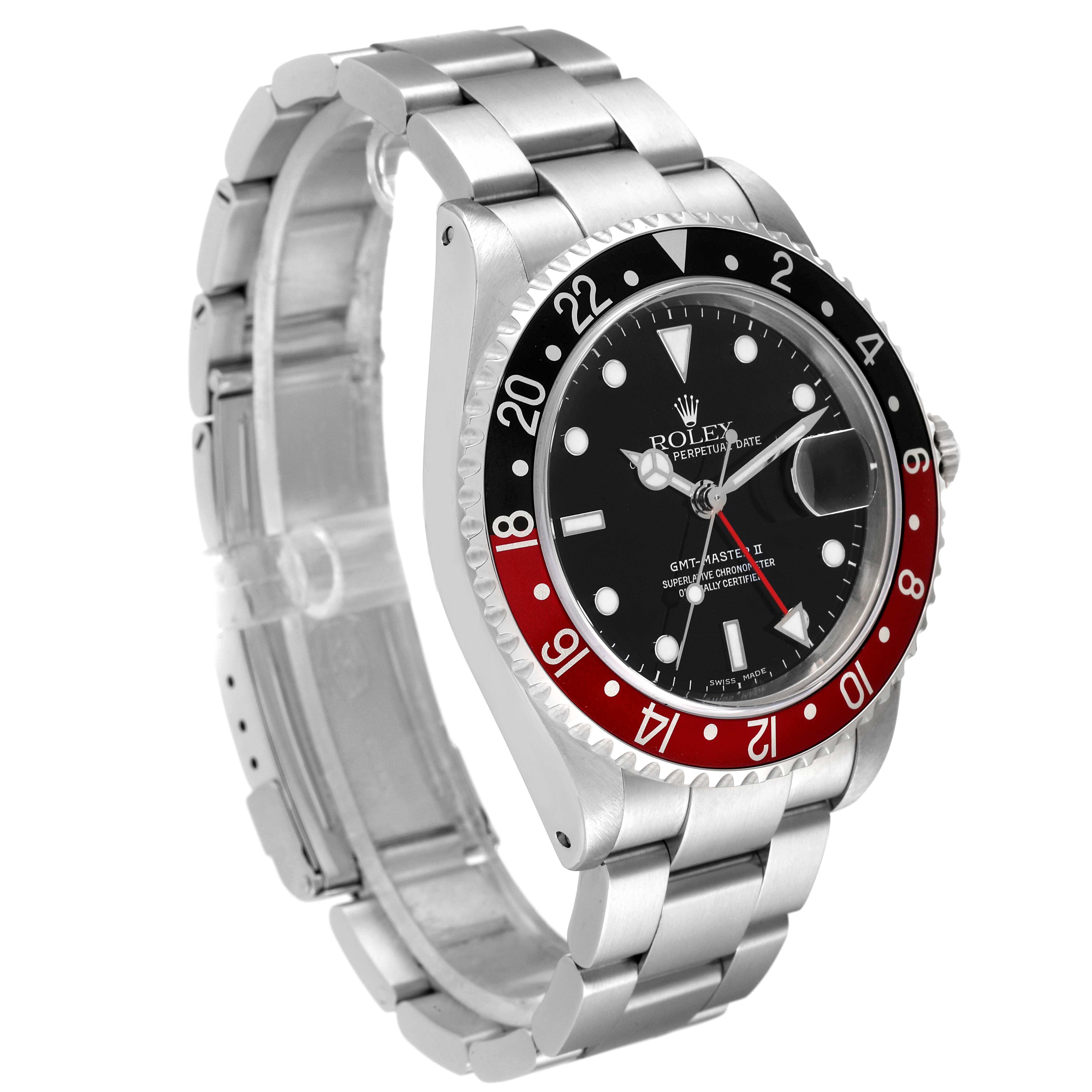 The Rolex GMT-Master 16710 Men
s Stainless Steel Black Dial 16710 Men
s Stainless Steel Black Dial watch is shown at a three-quarter angle, displaying the face, bezel, and bracelet.
