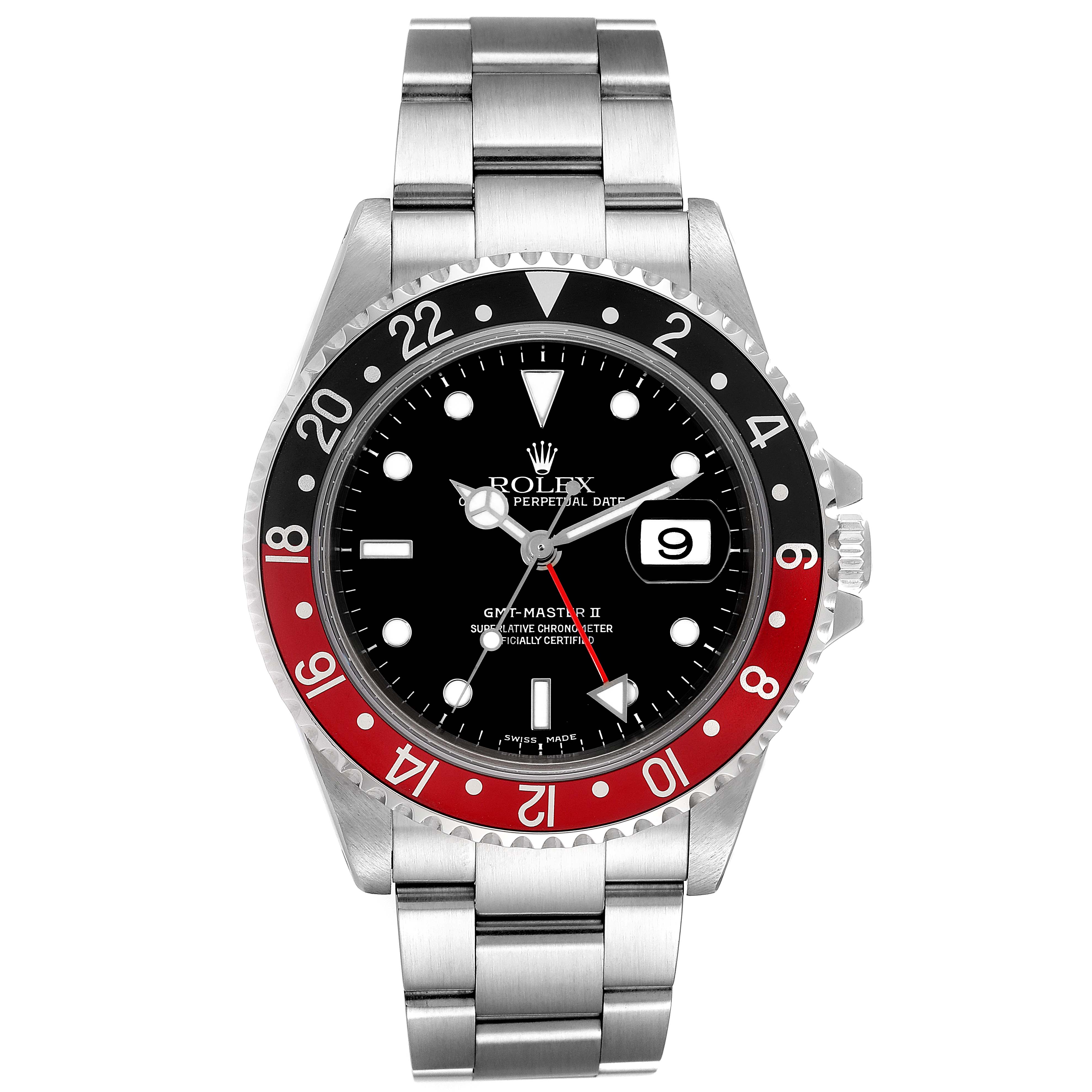 The image shows a frontal view of a Rolex GMT-Master 16710 Men
s Stainless Steel Black Dial 16710 Men
s Stainless Steel Black Dial II watch, highlighting the bezel, dial, bracelet, and date window.