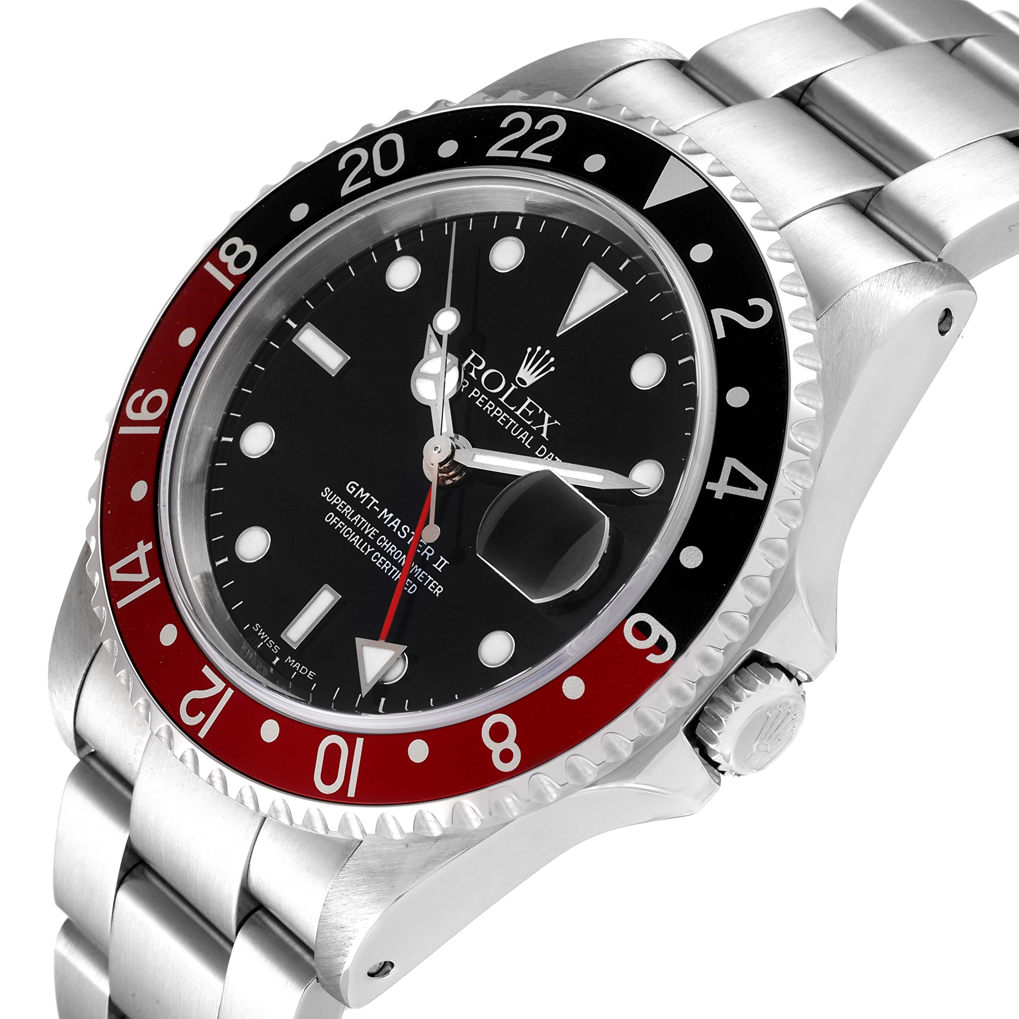 The image shows a Rolex GMT-Master 16710 Men
s Stainless Steel Black Dial 16710 Men
s Stainless Steel Black Dial II watch at an angled close-up of the face, bezel, and bracelet.