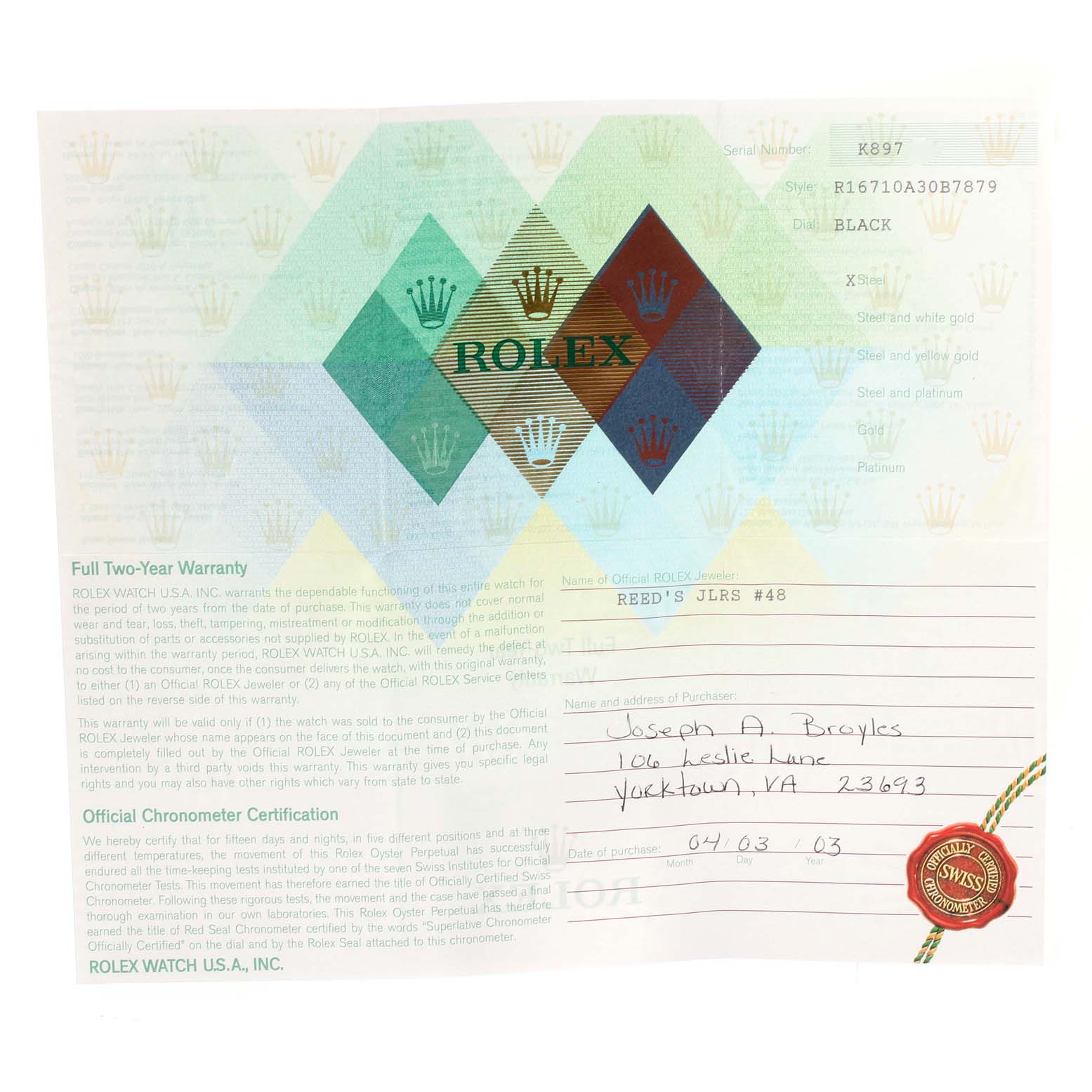 The image shows a warranty card for the Rolex GMT-Master 16710 Men
s Stainless Steel Black Dial 16710 Men
s Stainless Steel Black Dial, displaying the model details and official certifications.