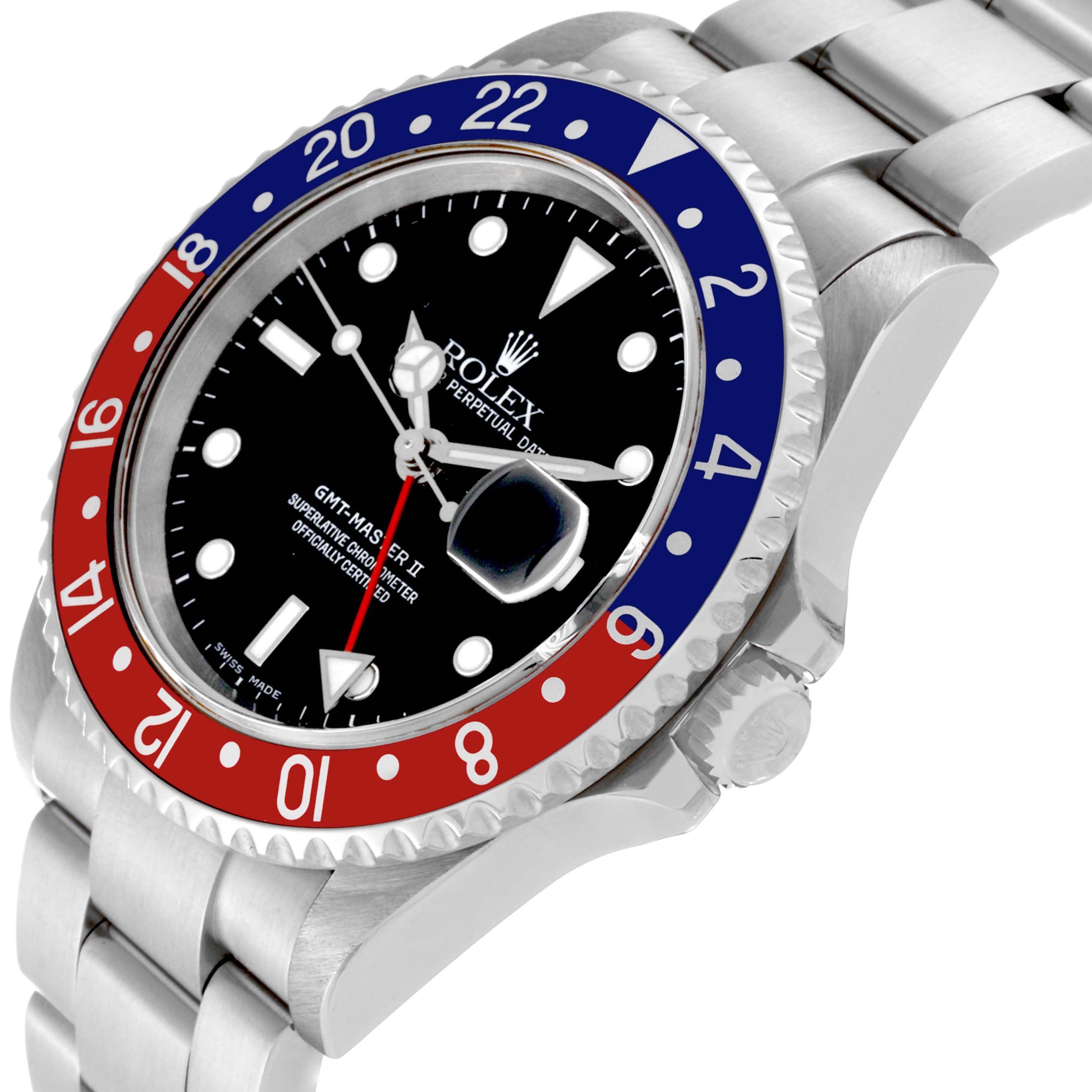 The image shows a side angle of a Rolex GMT-Master 16710 Men's Stainless Steel Black Dial 16710 Men's Stainless Steel Black Dial watch, displaying the bezel, dial, crown, and part of the bracelet.