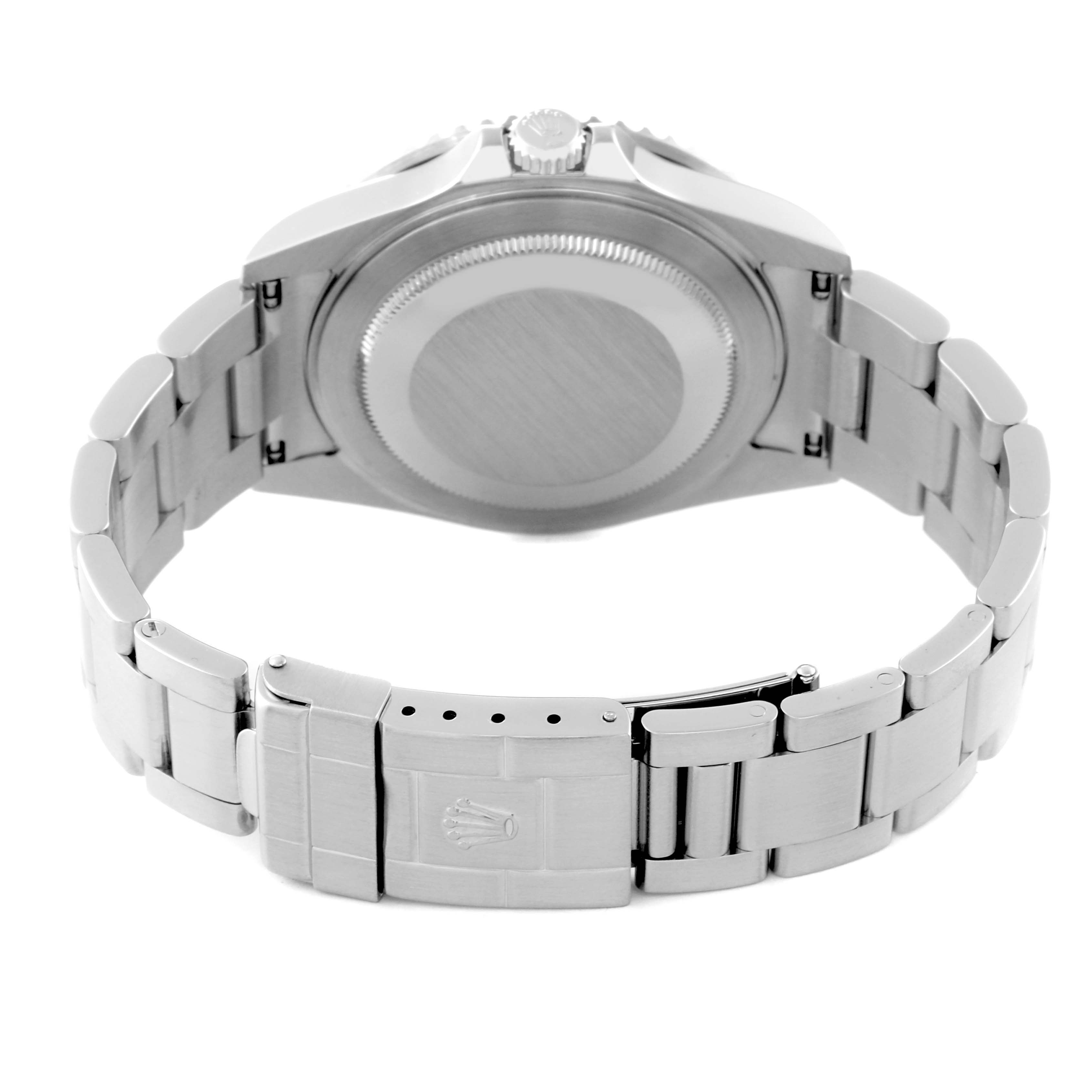 The image shows the back view of a Rolex GMT-Master 16710 Men's Stainless Steel Black Dial 16710 Men's Stainless Steel Black Dial watch, highlighting its caseback, crown, and bracelet clasp.