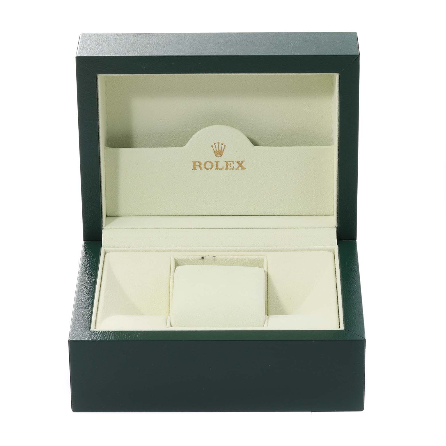 The image shows an open green and beige Rolex watch box for the GMT-Master model.