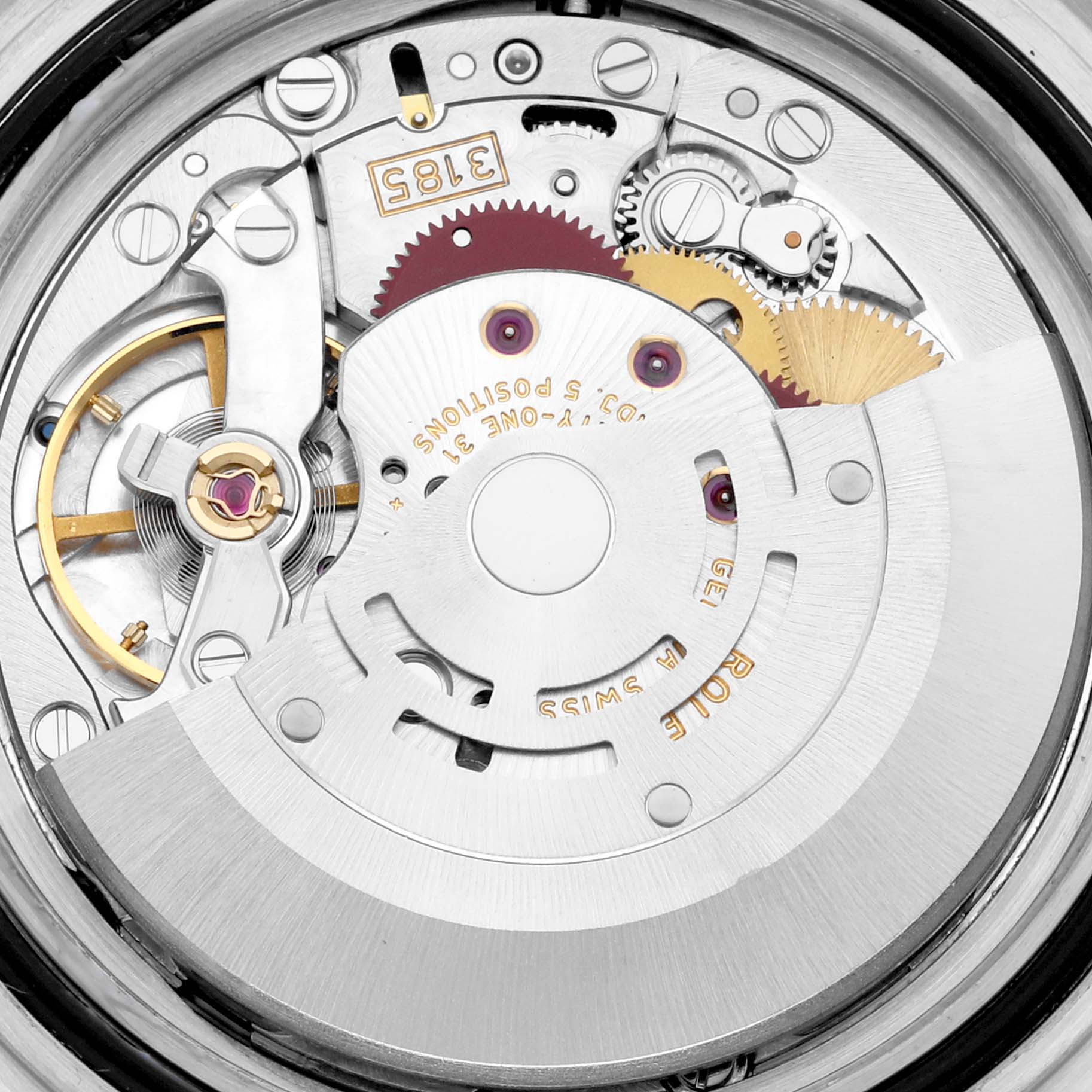 The image depicts the intricate inner mechanism of a Rolex GMT-Master 16710 Men's Stainless Steel Black Dial 16710 Men's Stainless Steel Black Dial, showcasing its movement and gears.