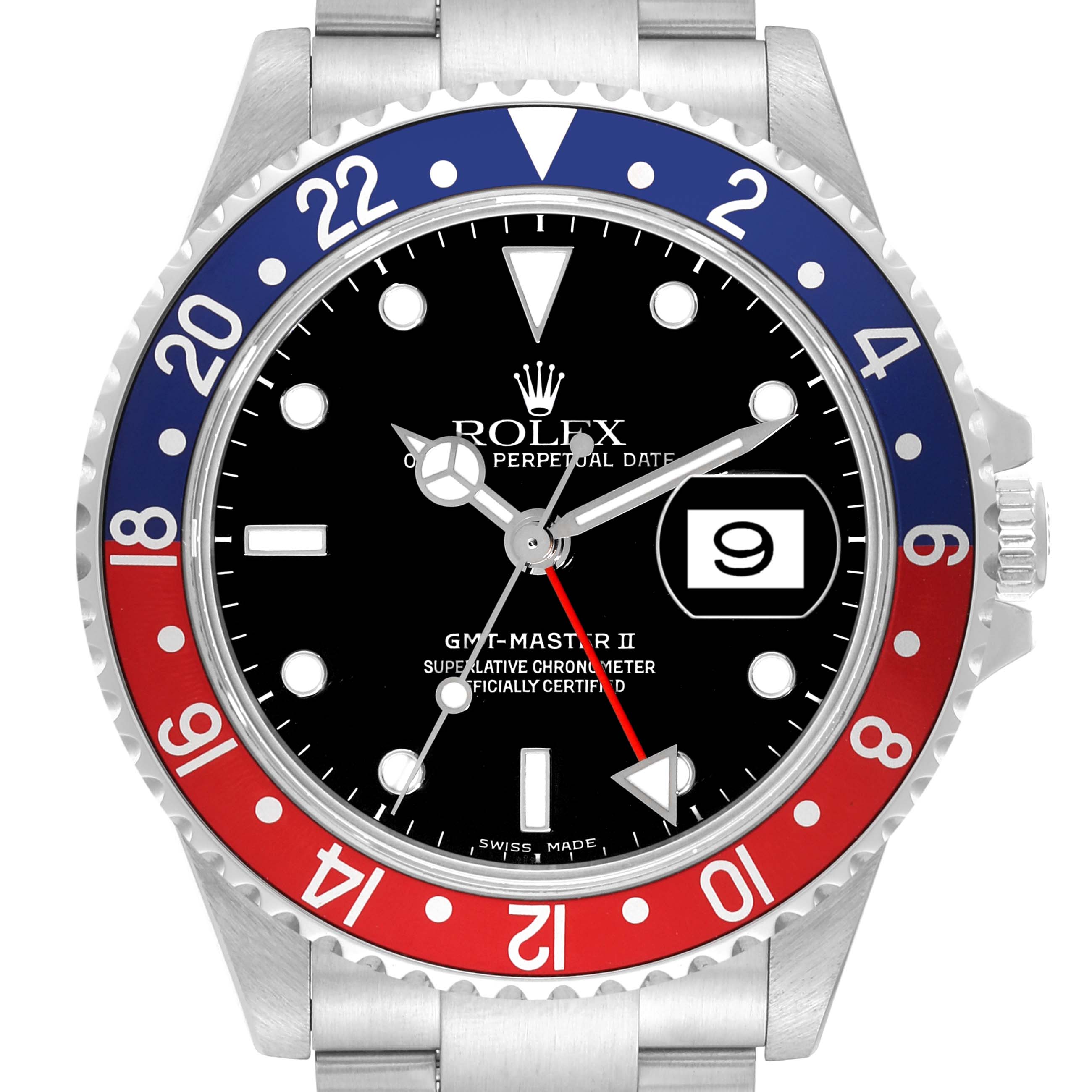 This image shows a frontal view of a Rolex GMT-Master 16710 Men's Stainless Steel Black Dial 16710 Men's Stainless Steel Black Dial II watch, highlighting the bezel, dial, hands, and date display.