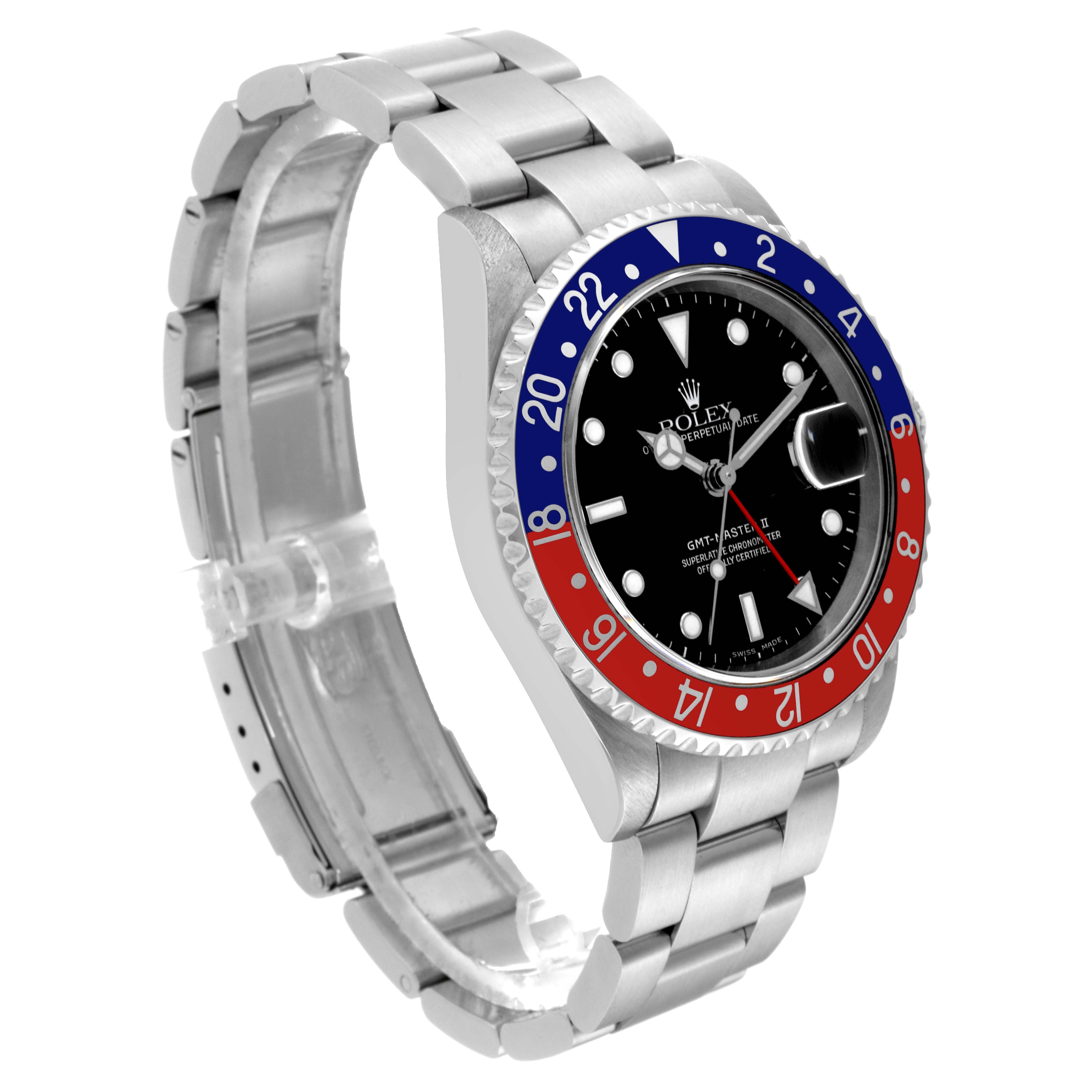 The image shows the face and bracelet of a Rolex GMT-Master 16710 Men's Stainless Steel Black Dial 16710 Men's Stainless Steel Black Dial watch at a slight left angle.