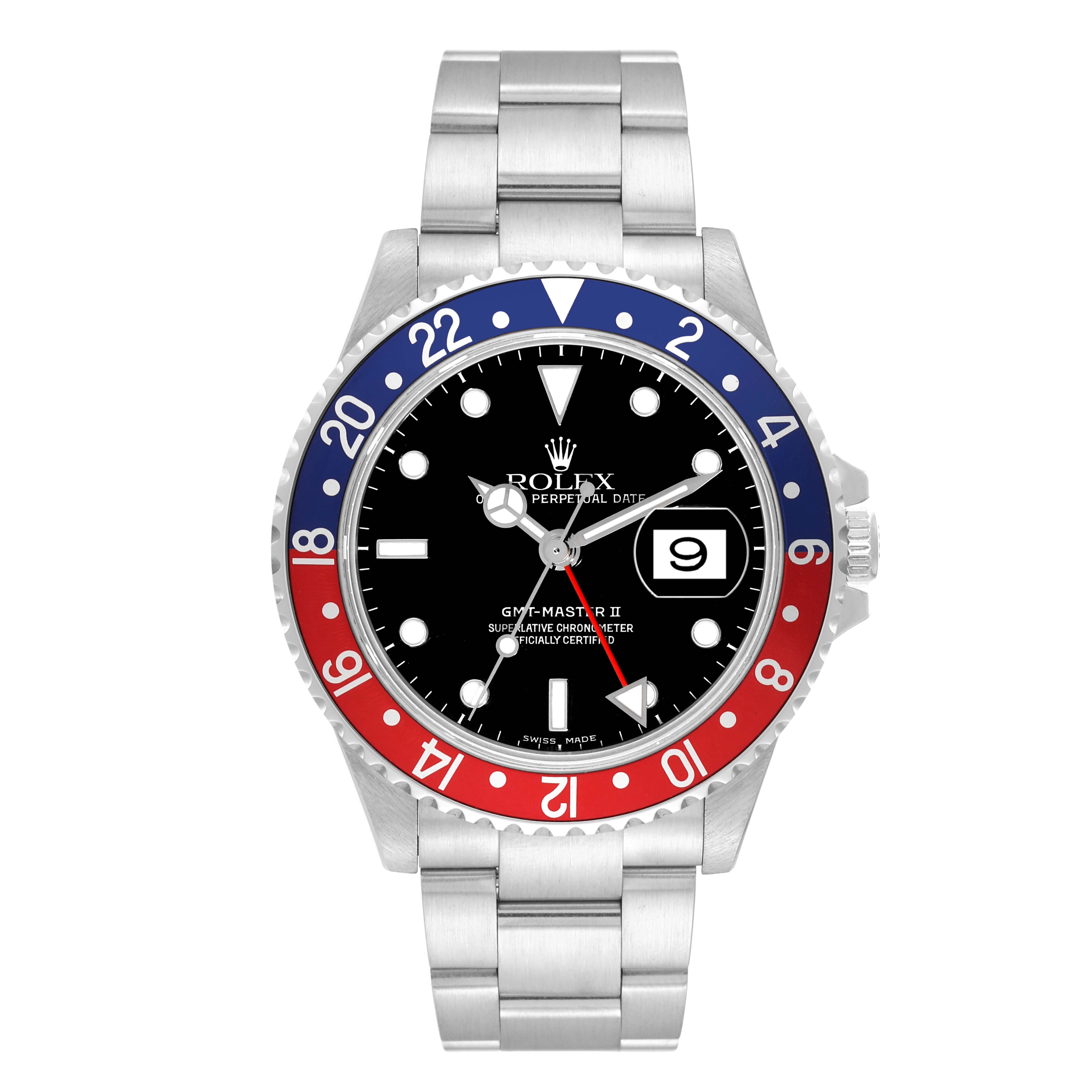 The image shows a front view of the Rolex GMT-Master 16710 Men's Stainless Steel Black Dial 16710 Men's Stainless Steel Black Dial II watch, focusing on its dial and bezel.