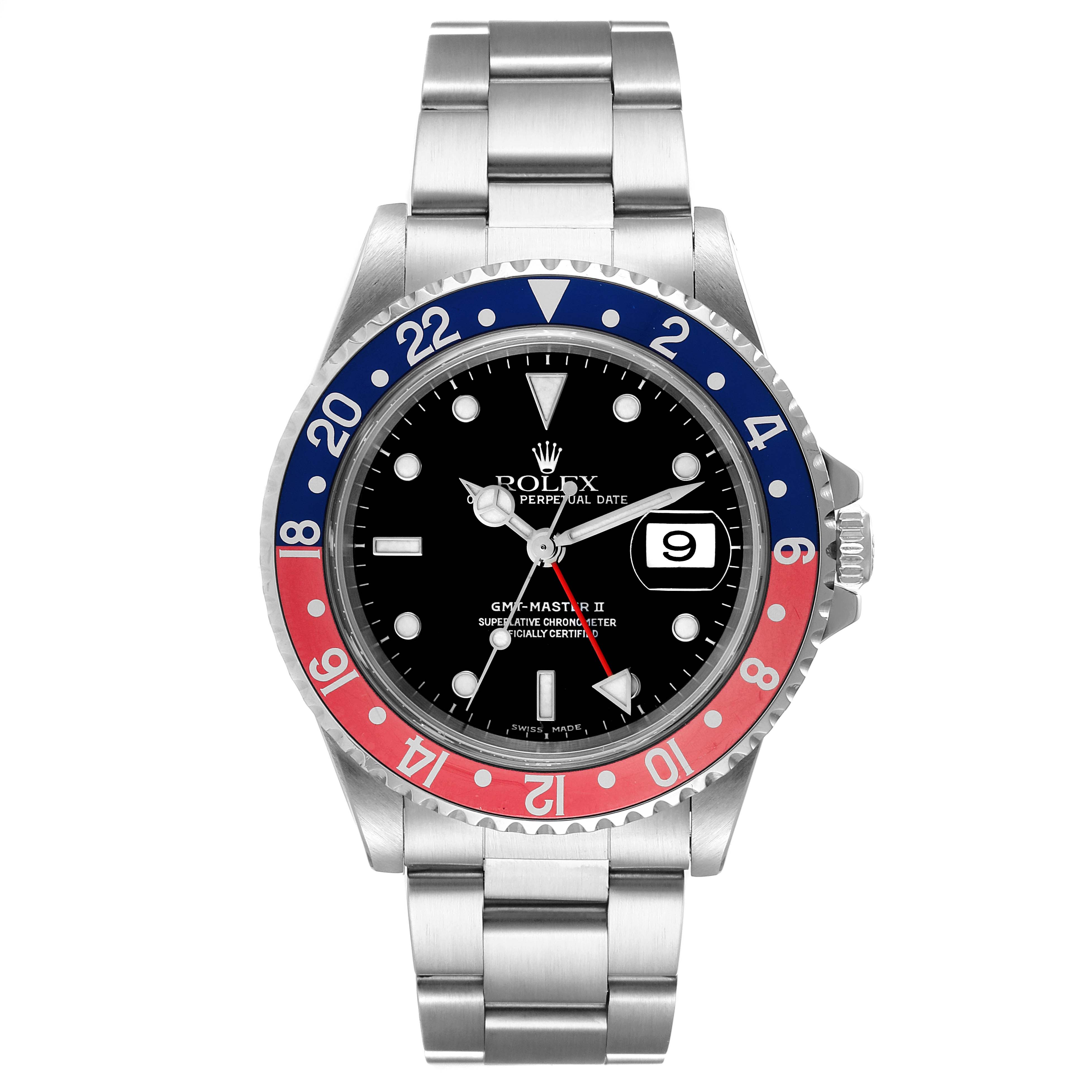 The Rolex GMT-Master 16710 Men's Stainless Steel Black Dial 16710 Men's Stainless Steel Black Dial watch is shown from a front angle, displaying the face, bezel, and bracelet.