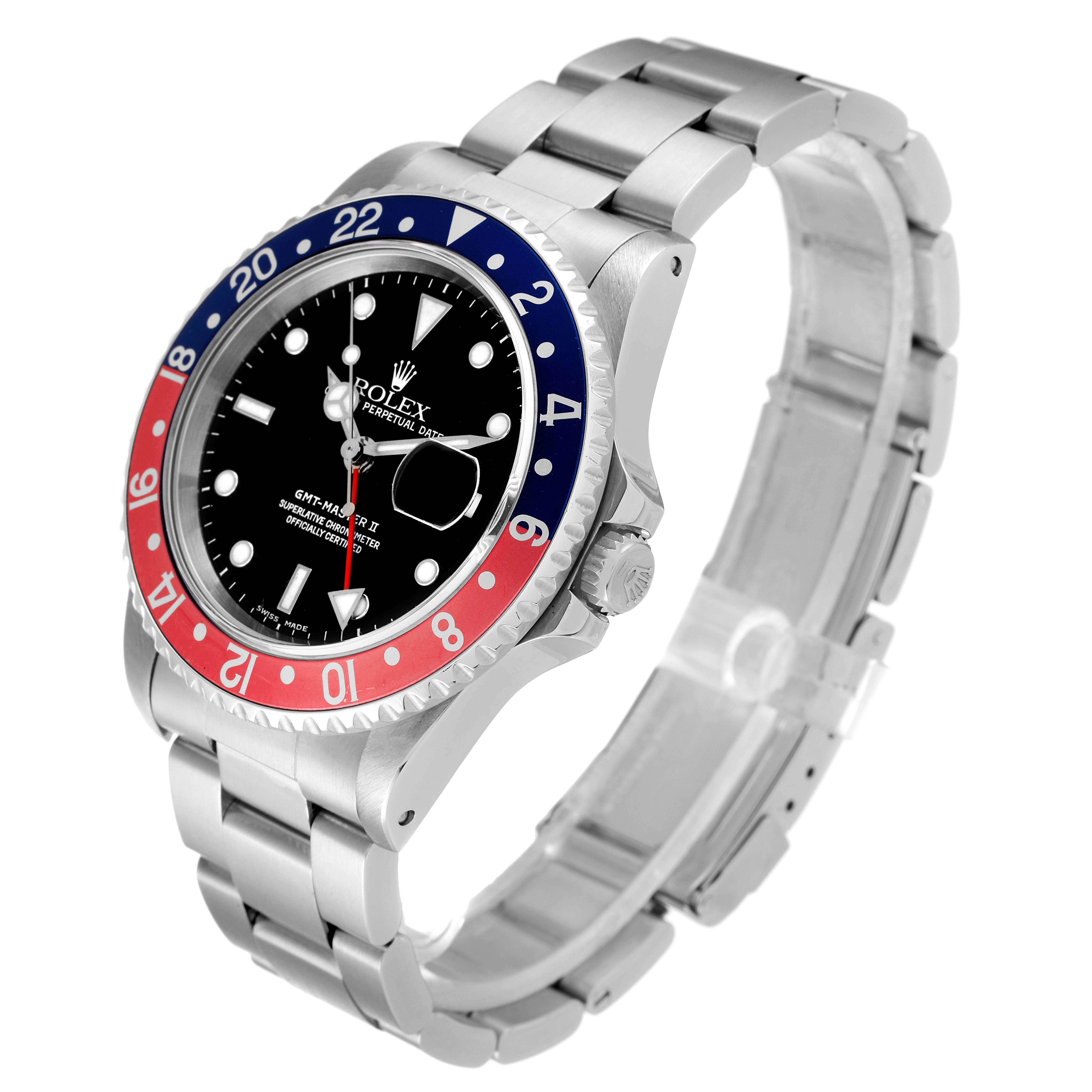 The Rolex GMT-Master 16710 Men's Stainless Steel Black Dial 16710 Men's Stainless Steel Black Dial watch is shown at a slight angle, displaying the dial, bezel, and stainless steel bracelet.
