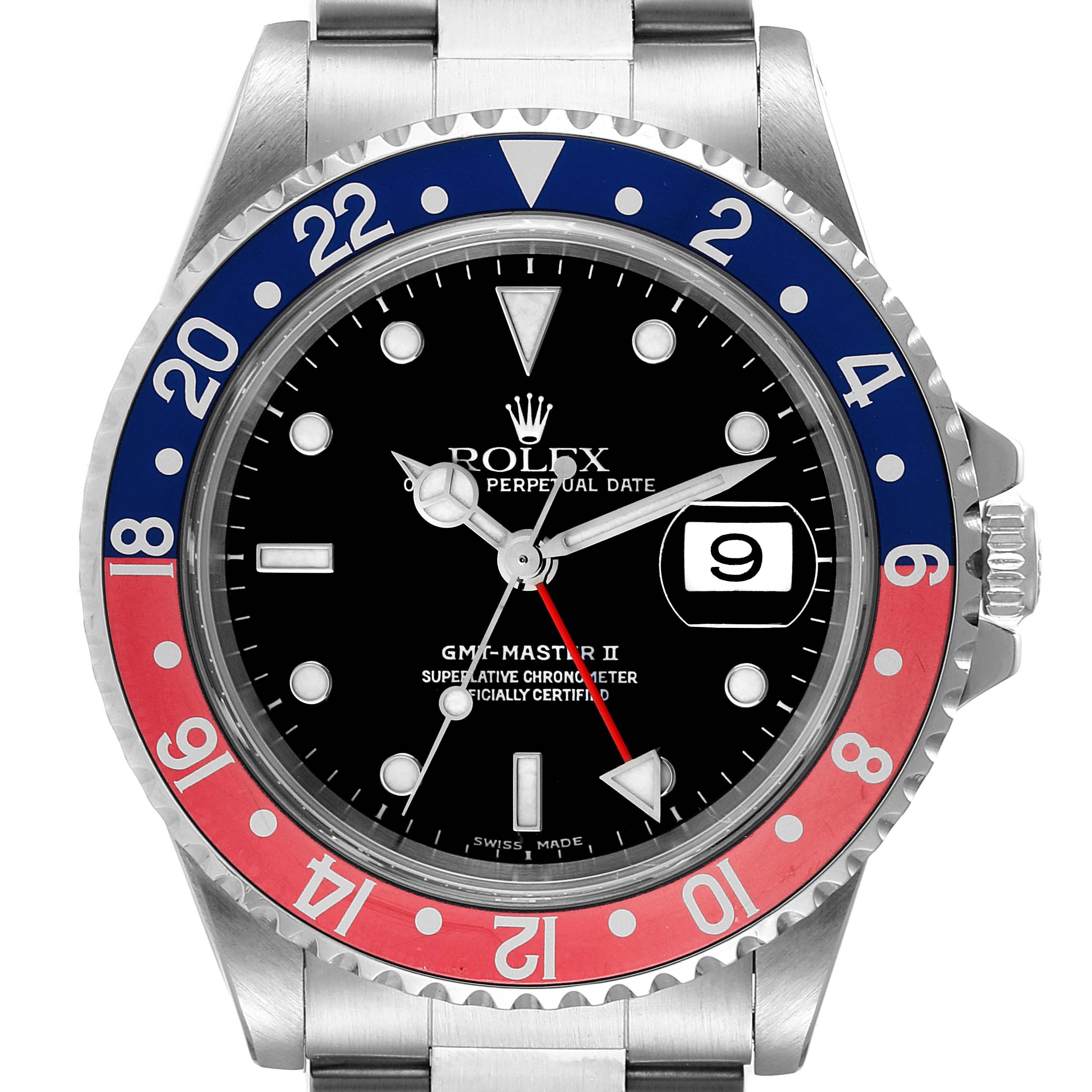 This image shows the frontal view of a Rolex GMT-Master 16710 Men's Stainless Steel Black Dial 16710 Men's Stainless Steel Black Dial II watch, highlighting its dial, bezel, and bracelet.