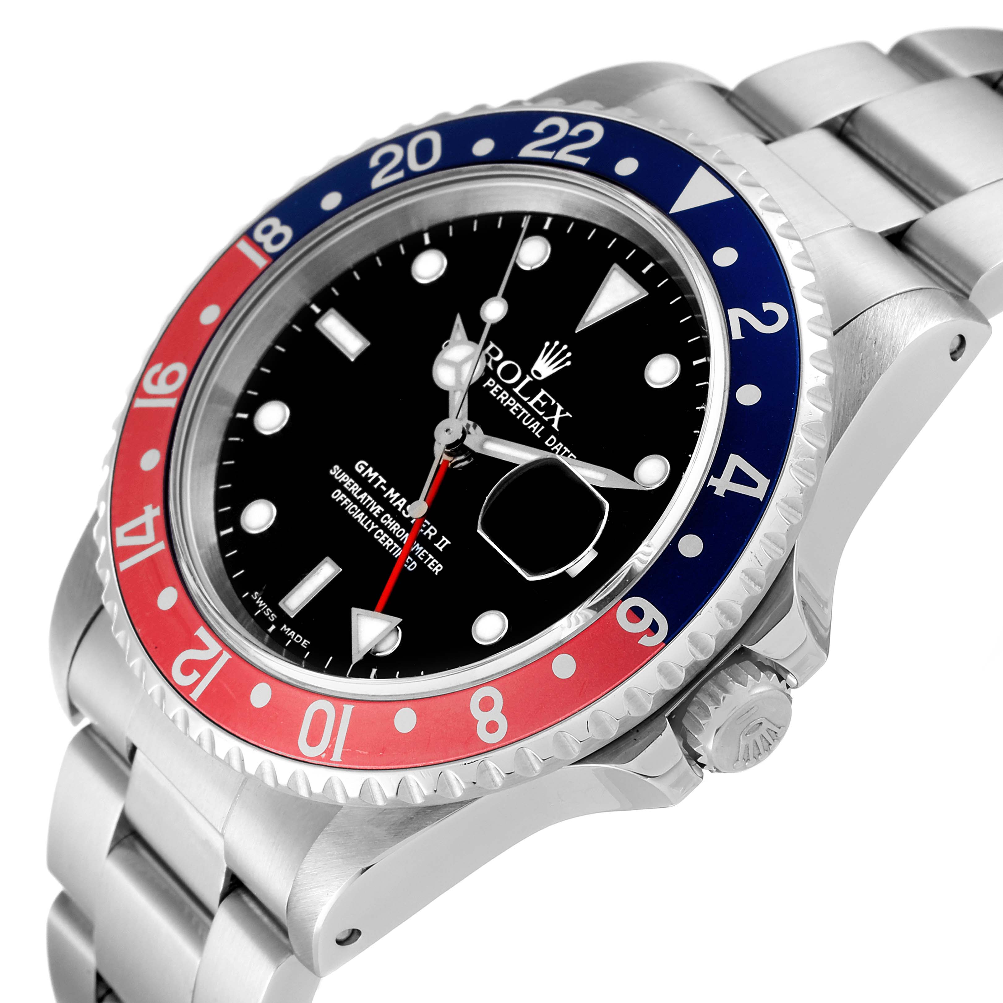 The image shows a close-up view of the Rolex GMT-Master 16710 Men's Stainless Steel Black Dial 16710 Men's Stainless Steel Black Dial II watch, highlighting the dial, bezel, and bracelet.