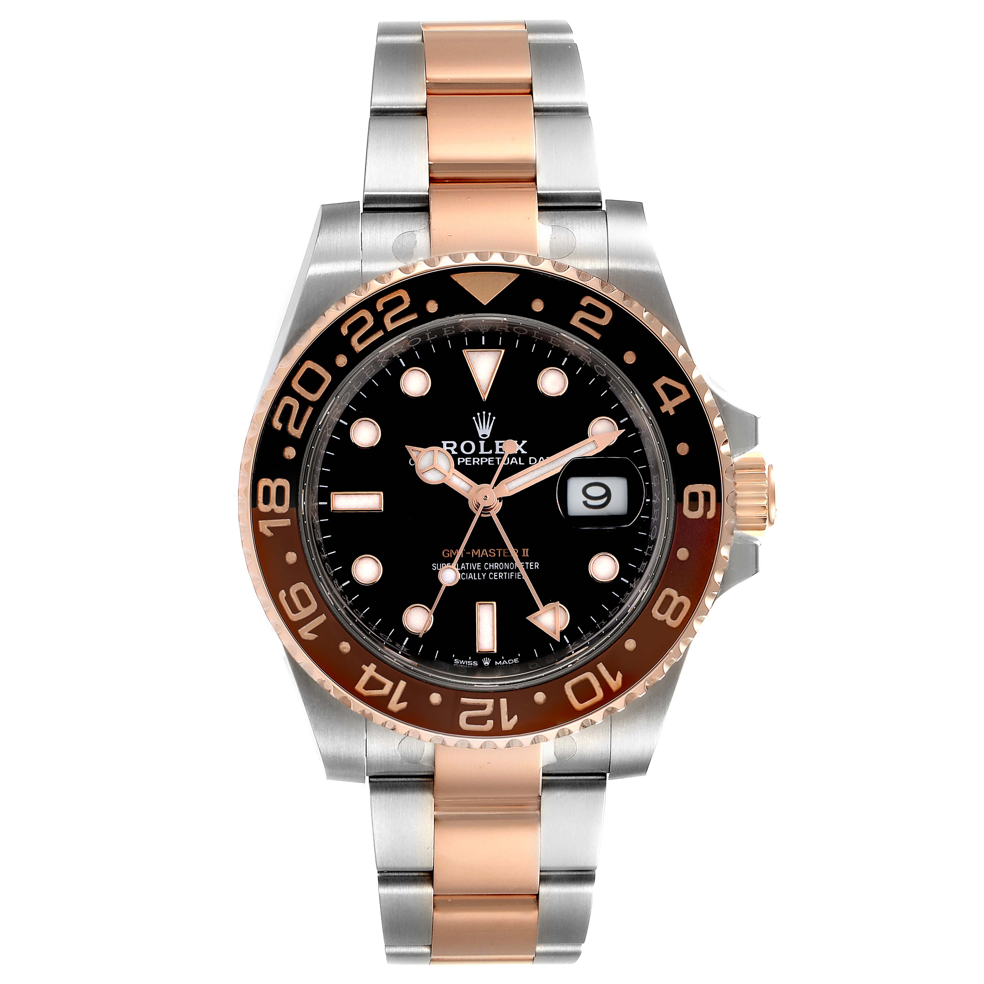 The image shows a frontal view of a Rolex GMT-Master 126711 Men
s Stainless Steel Black Dial 126711 Men
s Stainless Steel Black Dial watch, displaying the dial, bezel, and two-tone bracelet.
