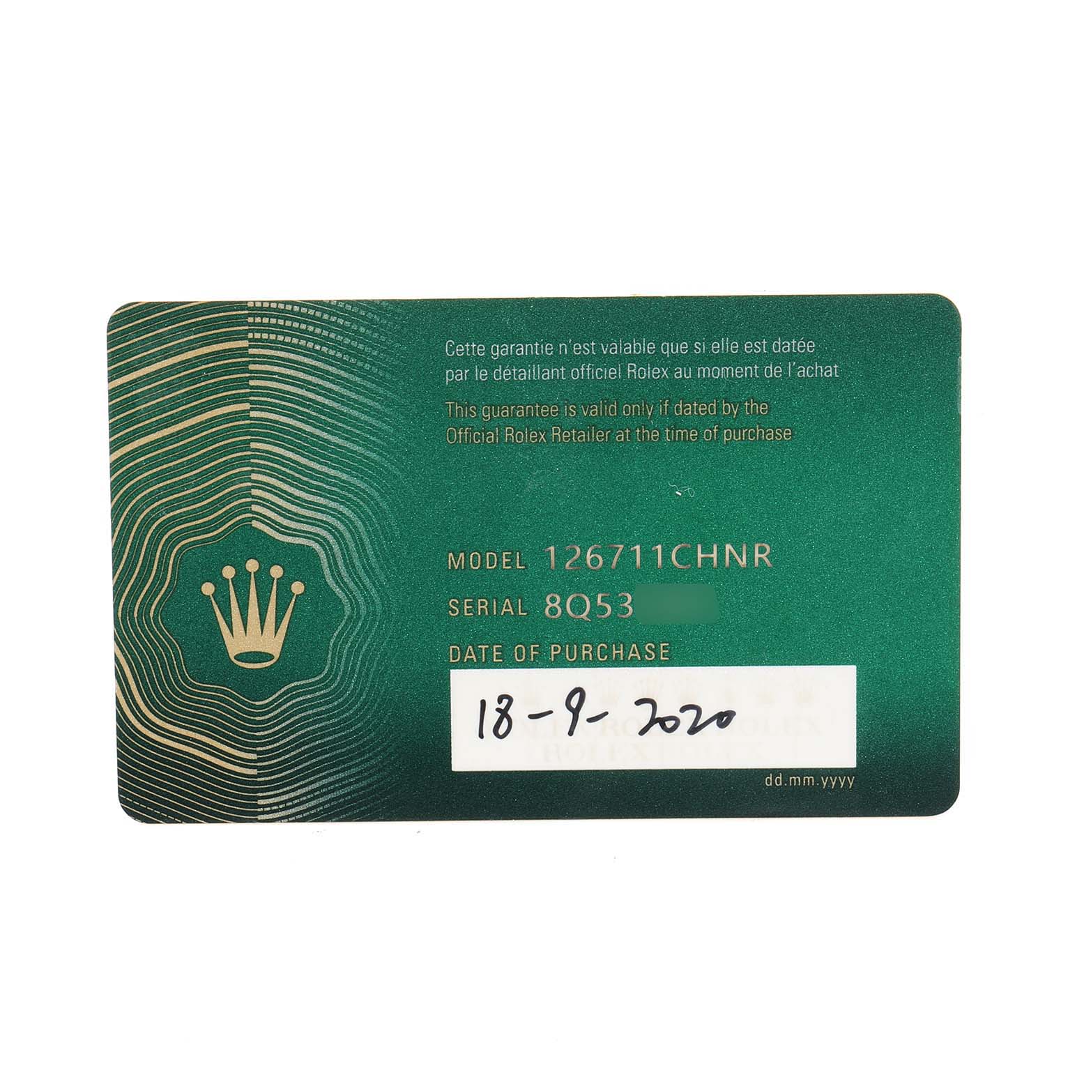 This image shows a warranty card for a Rolex GMT-Master 126711 Men
s Stainless Steel Black Dial 126711 Men
s Stainless Steel Black Dial model 126711CHNR, featuring brand details and the date of purchase.