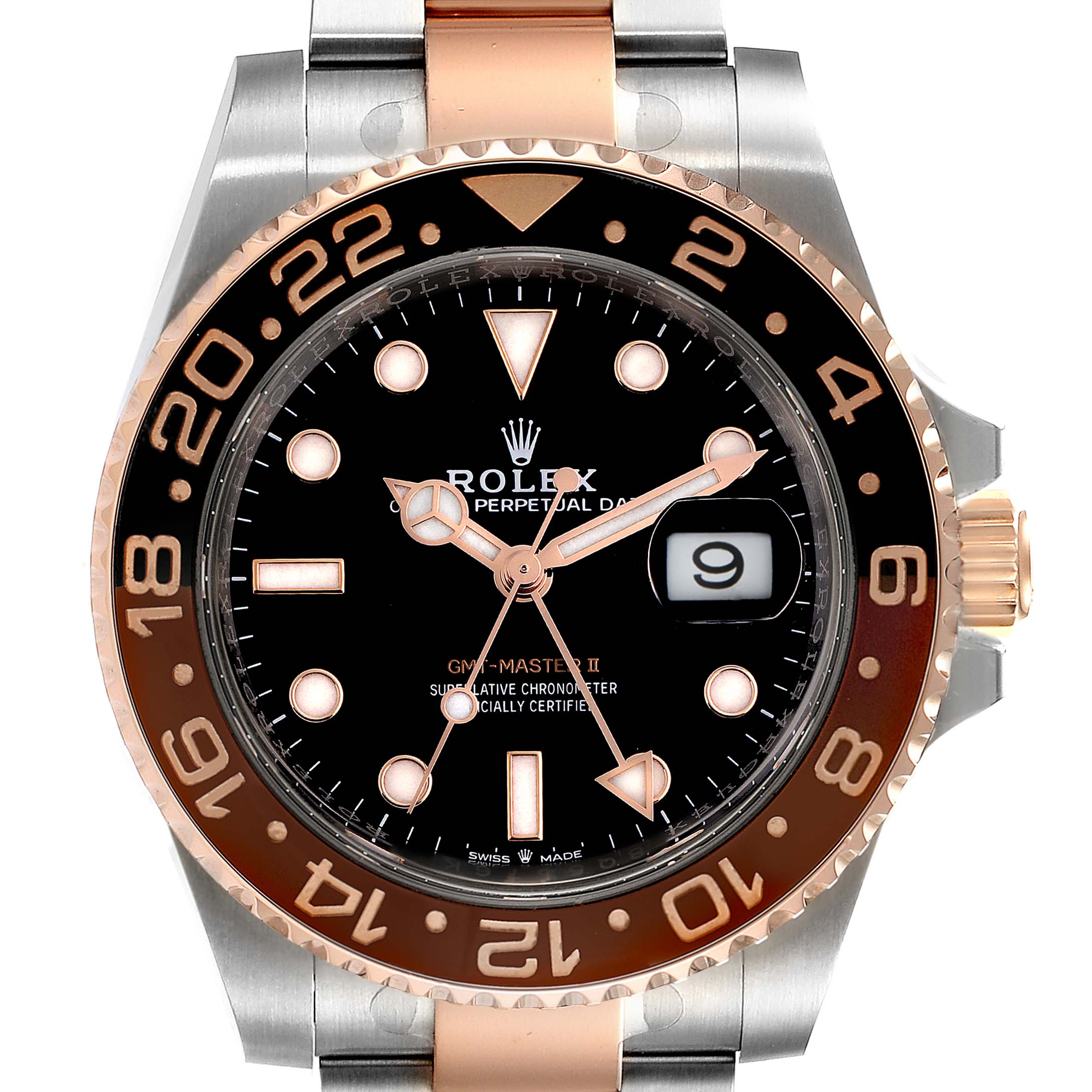 This image shows a front view of the Rolex GMT-Master 126711 Men
s Stainless Steel Black Dial 126711 Men
s Stainless Steel Black Dial II, including the dial, bezel, and part of the bracelet.