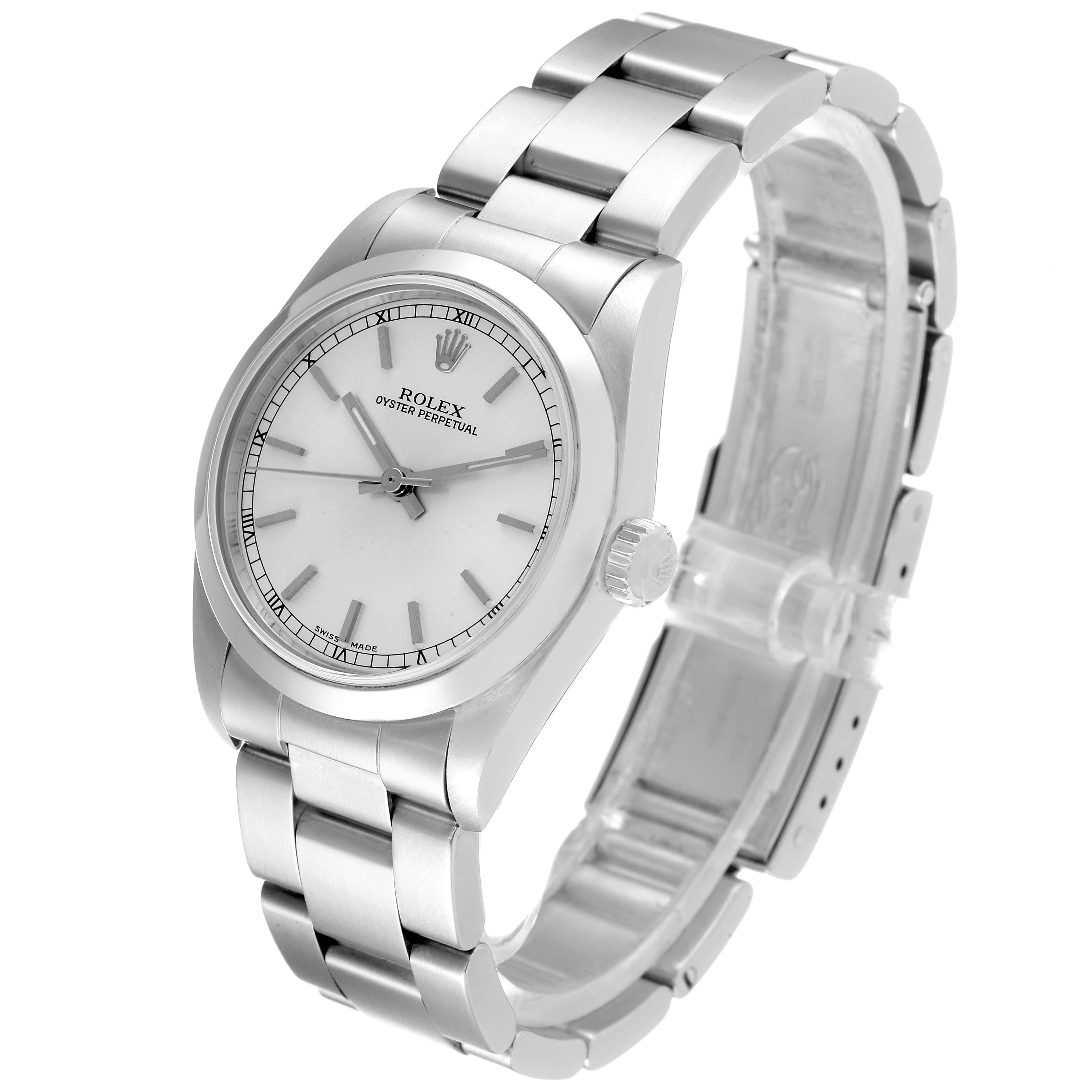 This image shows a Rolex Oyster Perpetual Mid-Size watch at a three-quarter angle, highlighting its dial, bezel, and bracelet.