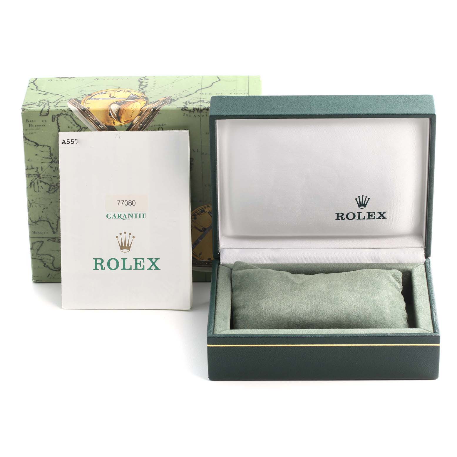 The image shows the packaging, warranty booklet, and inner box for a Rolex Mid-Size 77080 Women's Stainless Steel Silver Dial 77080 Women's Stainless Steel Silver Dial model watch.