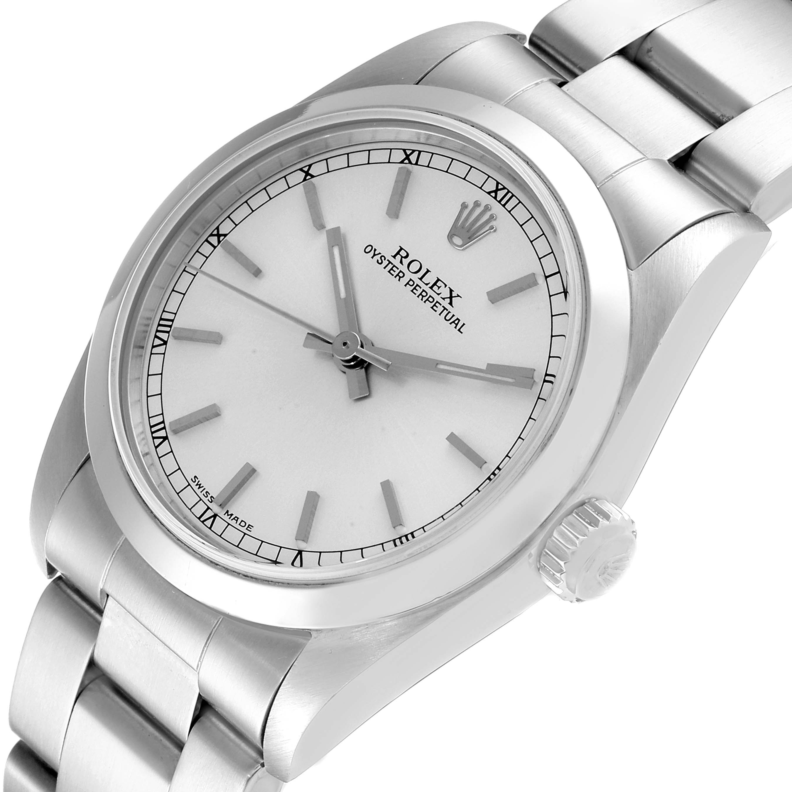 This image shows a side angle of the Rolex Mid-Size 77080 Women's Stainless Steel Silver Dial 77080 Women's Stainless Steel Silver Dial Oyster Perpetual watch, highlighting the dial, bezel, case, and bracelet.