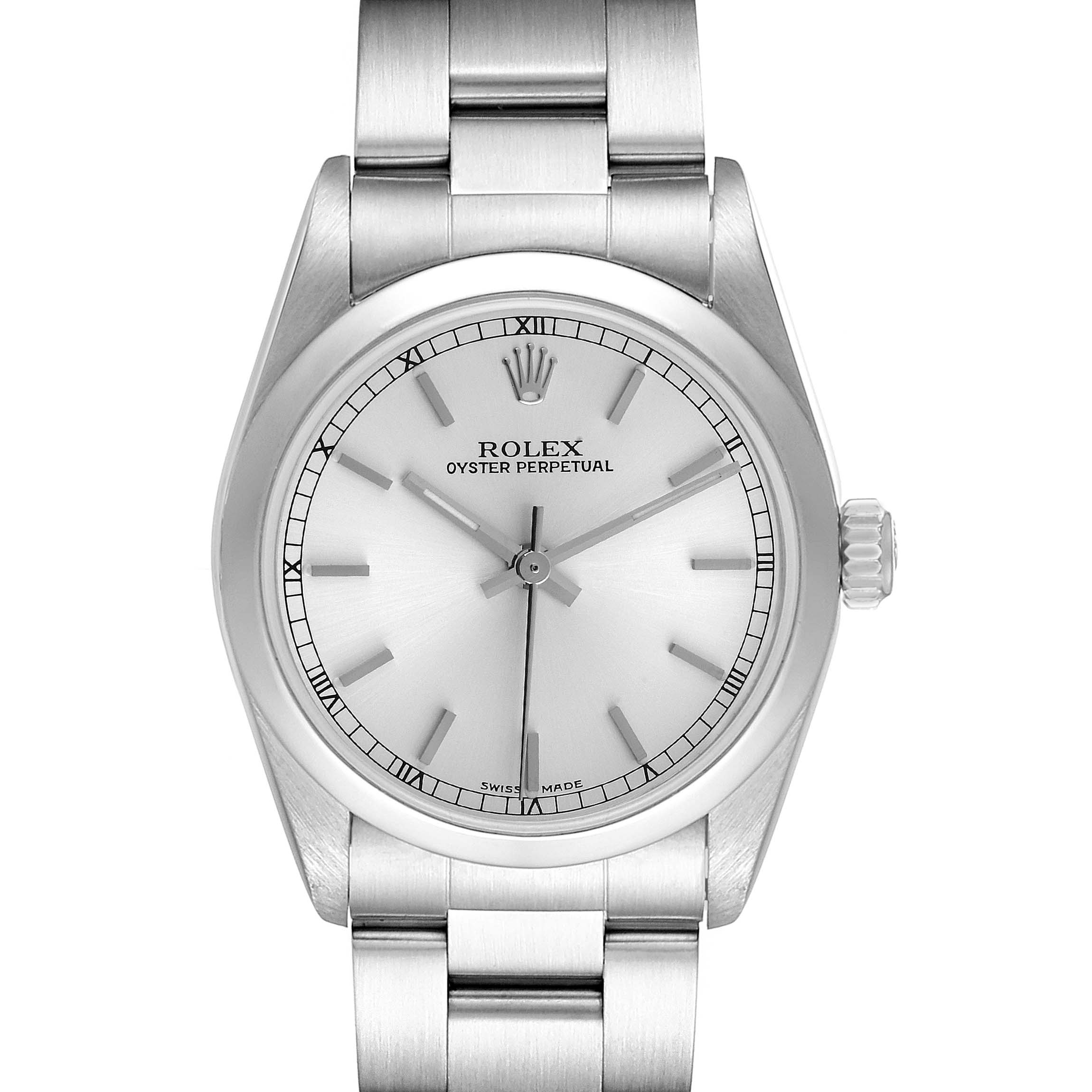 The image shows a front view of the Rolex Mid-Size 77080 Women's Stainless Steel Silver Dial 77080 Women's Stainless Steel Silver Dial Oyster Perpetual watch, highlighting its dial, case, and bracelet.