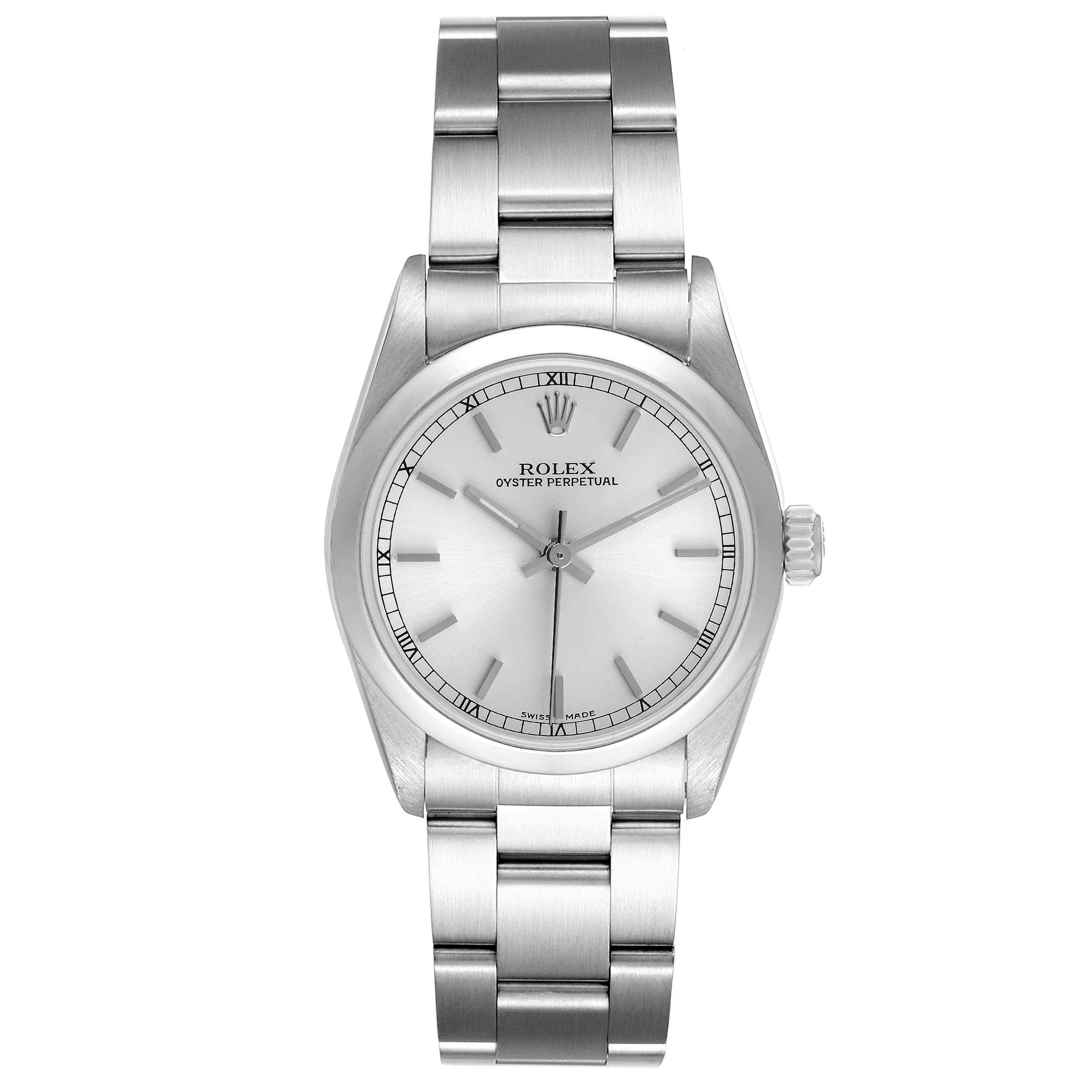 The image shows a frontal angle of the Rolex Mid-Size 77080 Women's Stainless Steel Silver Dial 77080 Women's Stainless Steel Silver Dial Oyster Perpetual watch, displaying the dial, bracelet, and crown.