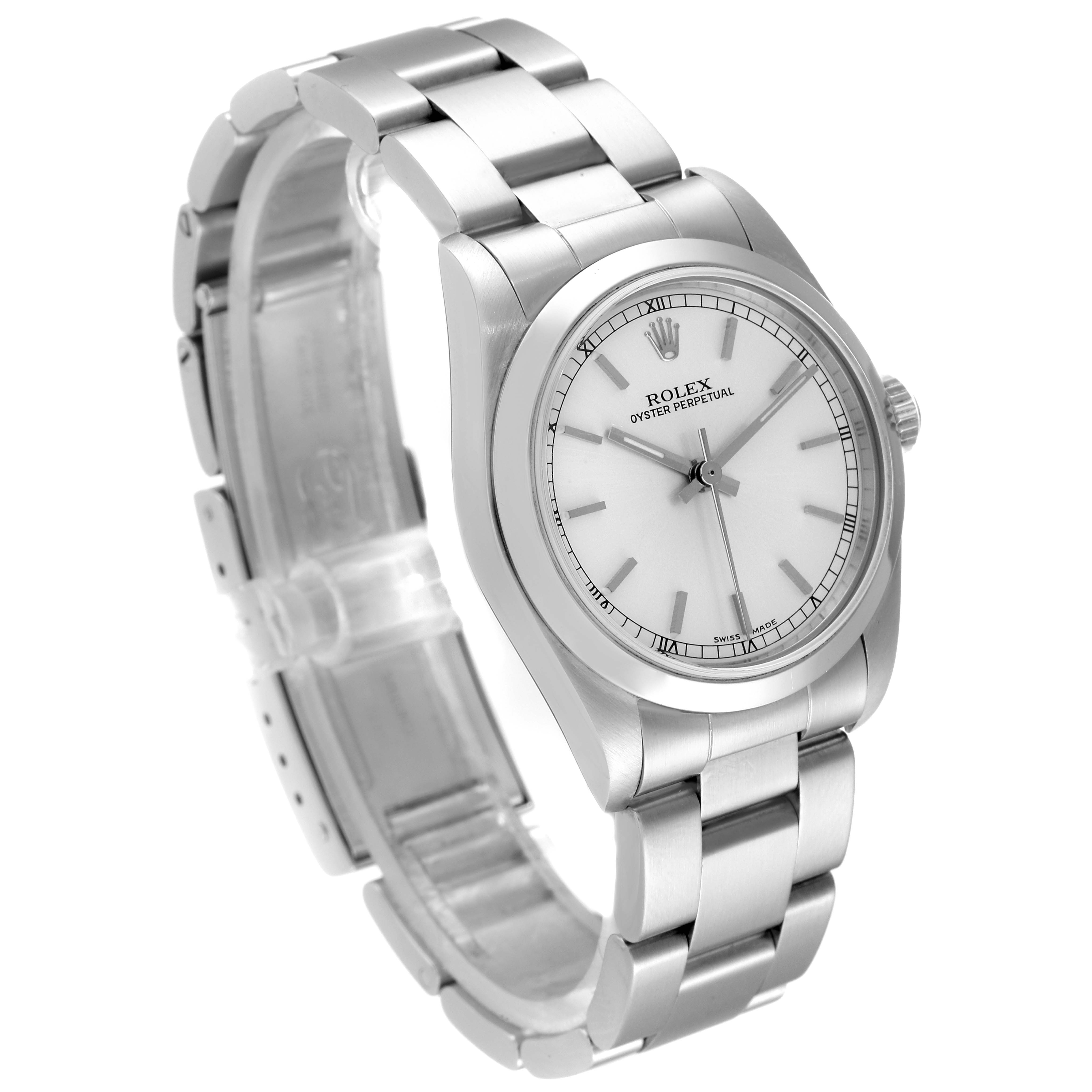 The image shows a Rolex Mid-Size 77080 Women's Stainless Steel Silver Dial 77080 Women's Stainless Steel Silver Dial Oyster Perpetual watch at a three-quarter angle, featuring the face, band, and clasp.